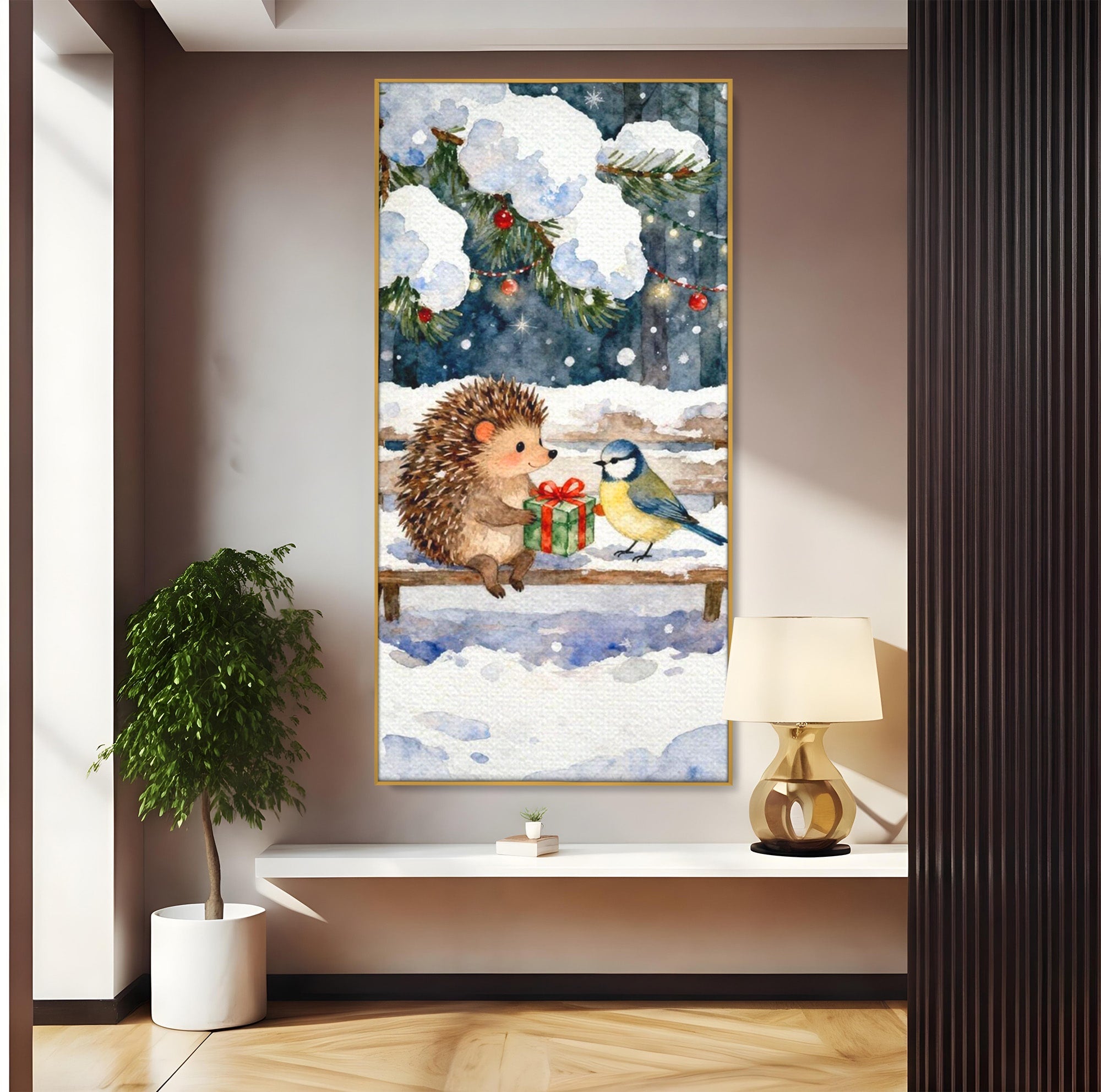 Tablou Canvas Premium LuxCanva® PI1397, Craciunul Micilor Prieteni, Arici, Pasare, Iarna, Cadou, Culori Vibrante, Living, Dormitor, Camera Copii