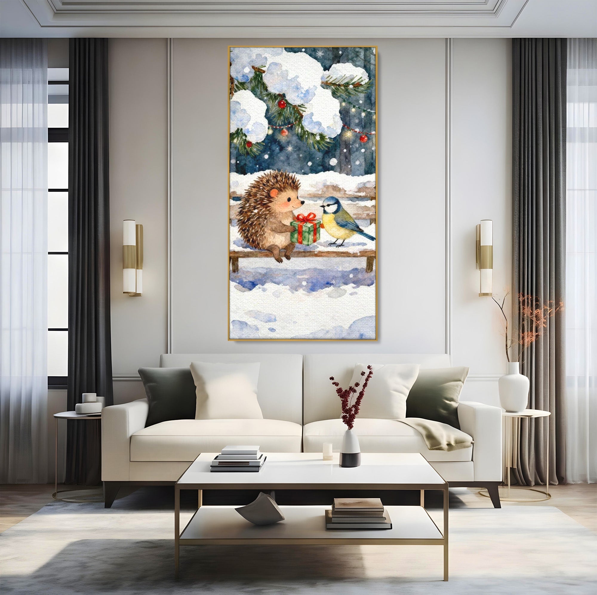 Tablou Canvas Premium LuxCanva® PI1397, Craciunul Micilor Prieteni, Arici, Pasare, Iarna, Cadou, Culori Vibrante, Living, Dormitor, Camera Copii