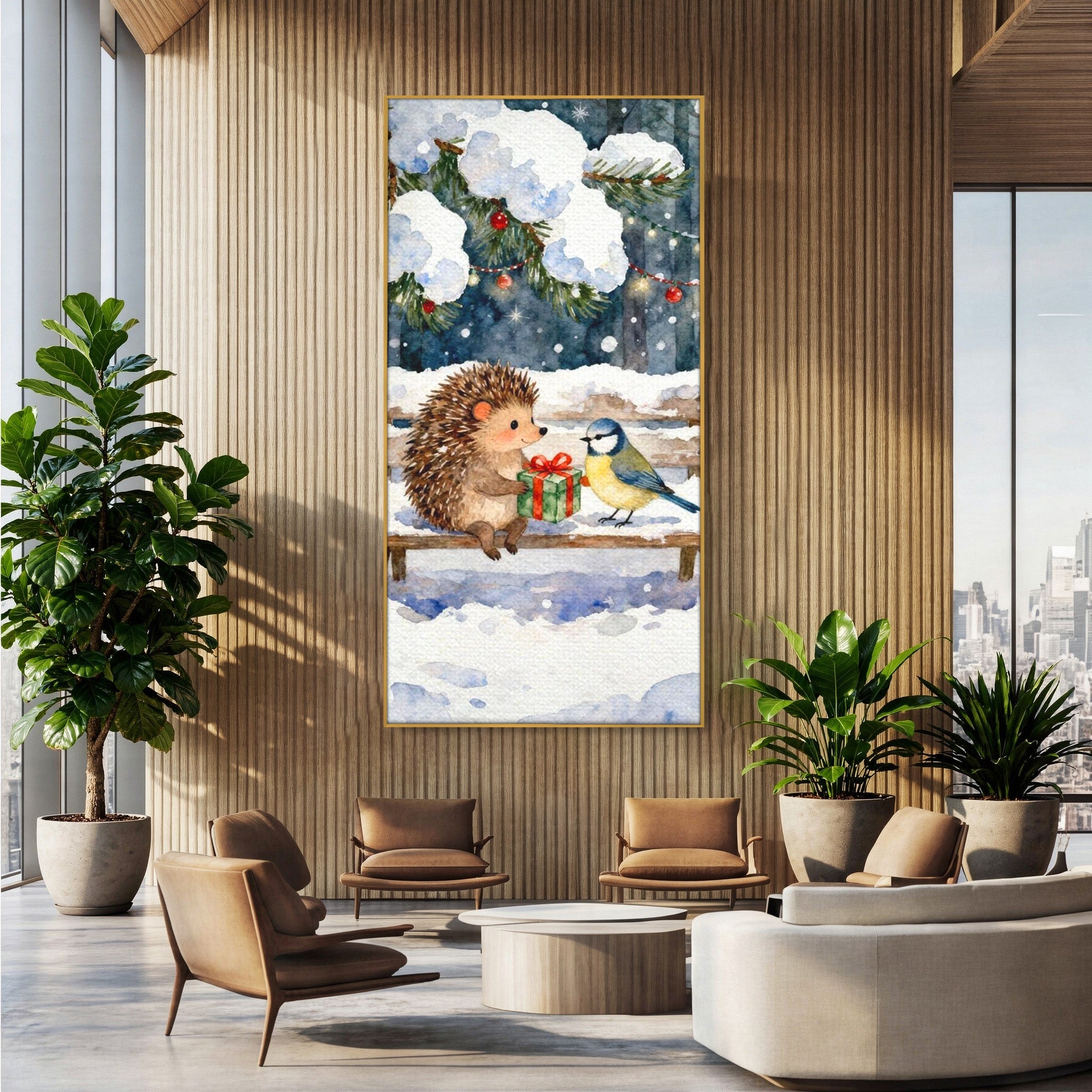 Tablou Canvas Premium LuxCanva® PI1397, Craciunul Micilor Prieteni, Arici, Pasare, Iarna, Cadou, Culori Vibrante, Living, Dormitor, Camera Copii