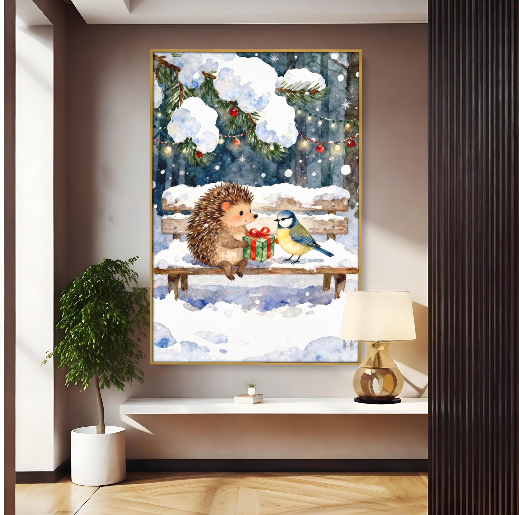 Tablou Canvas Premium LuxCanva® PI1397, Craciunul Micilor Prieteni, Arici, Pasare, Iarna, Cadou, Culori Vibrante, Living, Dormitor, Camera Copii