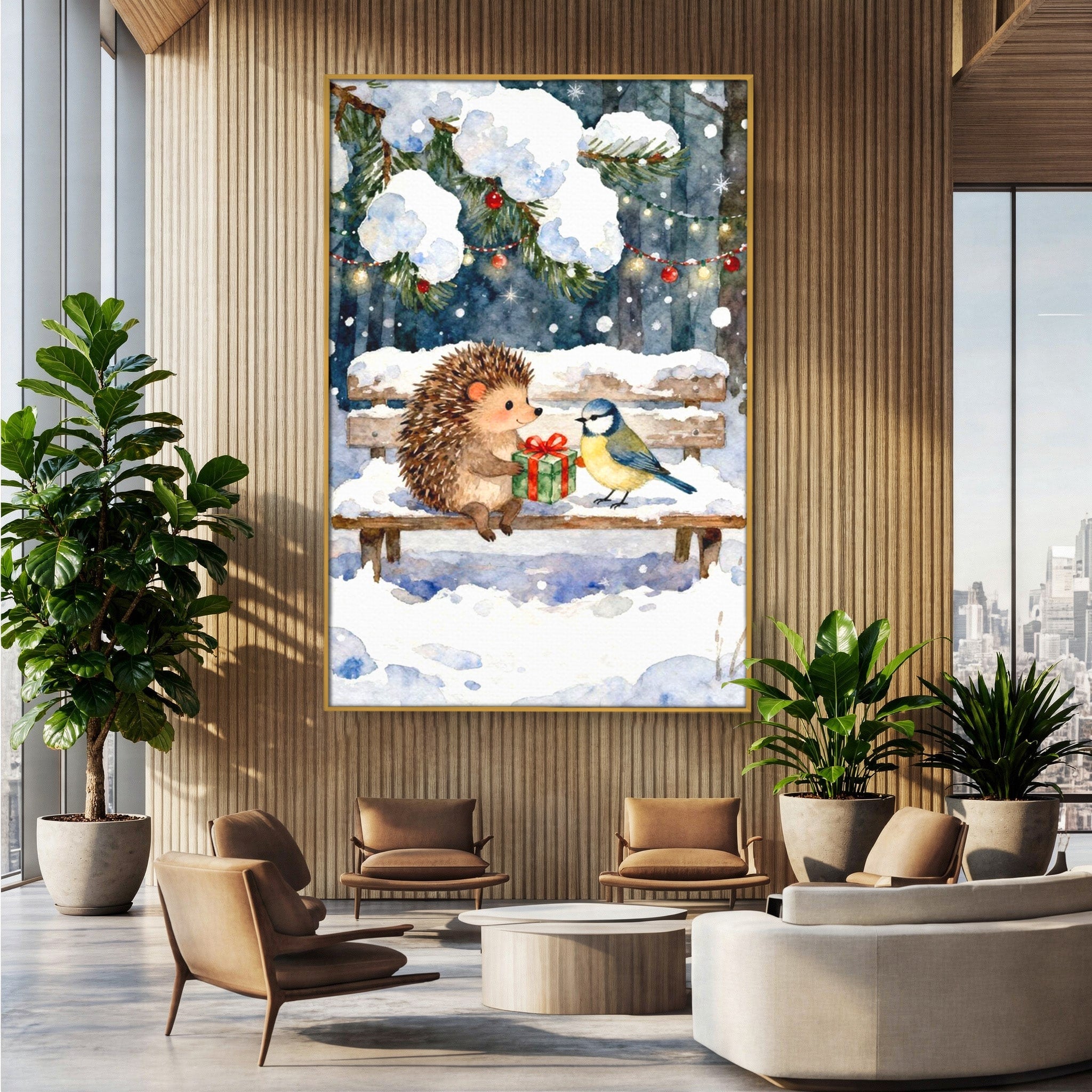 Tablou Canvas Premium LuxCanva® PI1397, Craciunul Micilor Prieteni, Arici, Pasare, Iarna, Cadou, Culori Vibrante, Living, Dormitor, Camera Copii