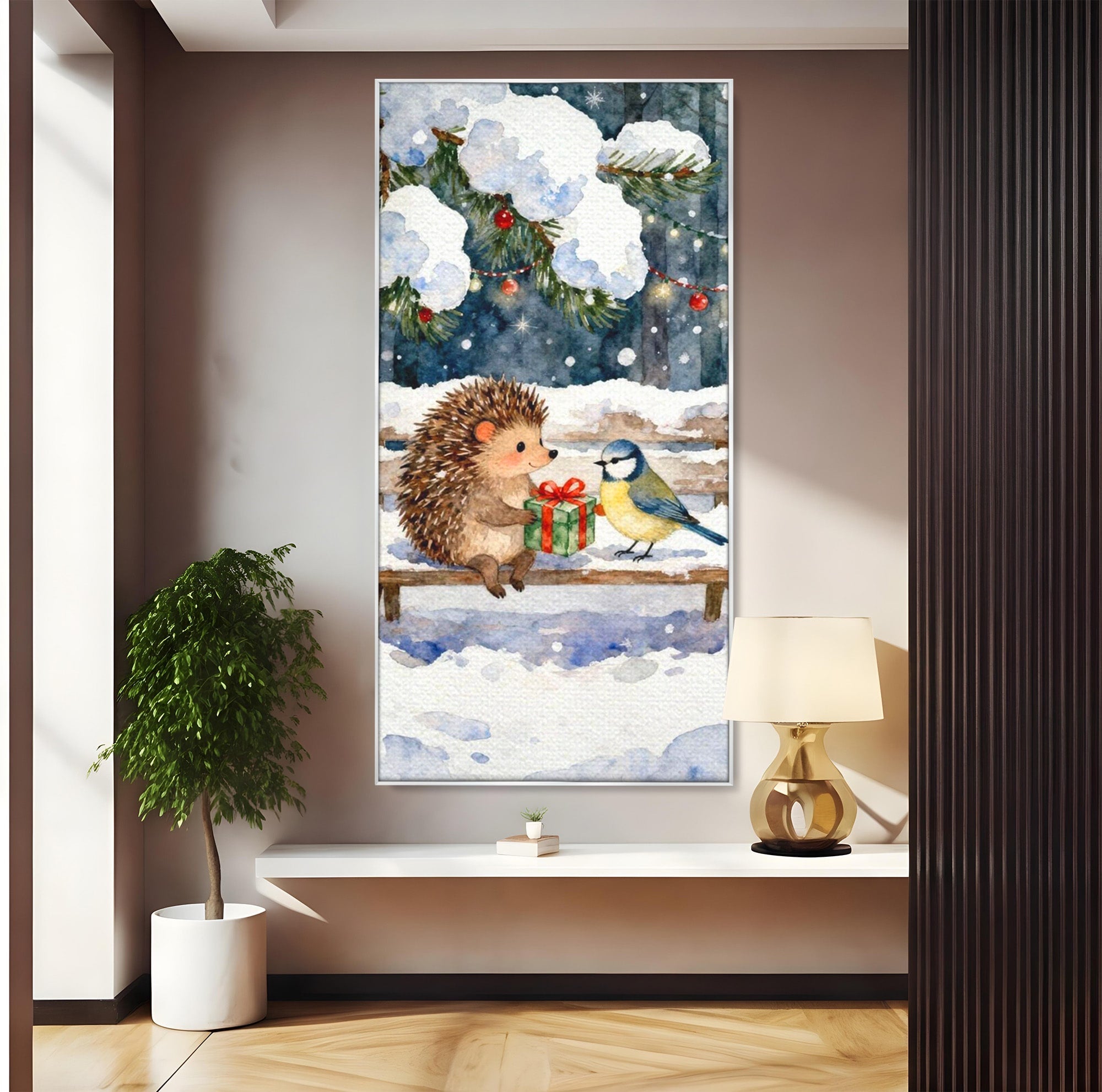Tablou Canvas Premium LuxCanva® PI1397, Craciunul Micilor Prieteni, Arici, Pasare, Iarna, Cadou, Culori Vibrante, Living, Dormitor, Camera Copii