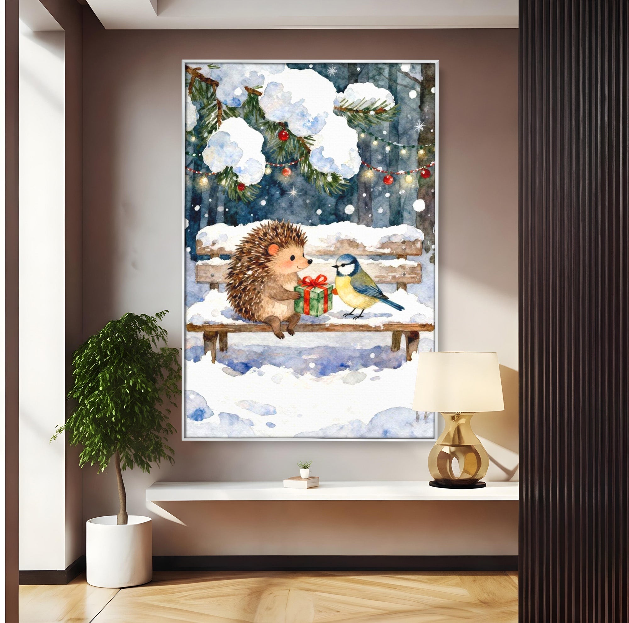 Tablou Canvas Premium LuxCanva® PI1397, Craciunul Micilor Prieteni, Arici, Pasare, Iarna, Cadou, Culori Vibrante, Living, Dormitor, Camera Copii