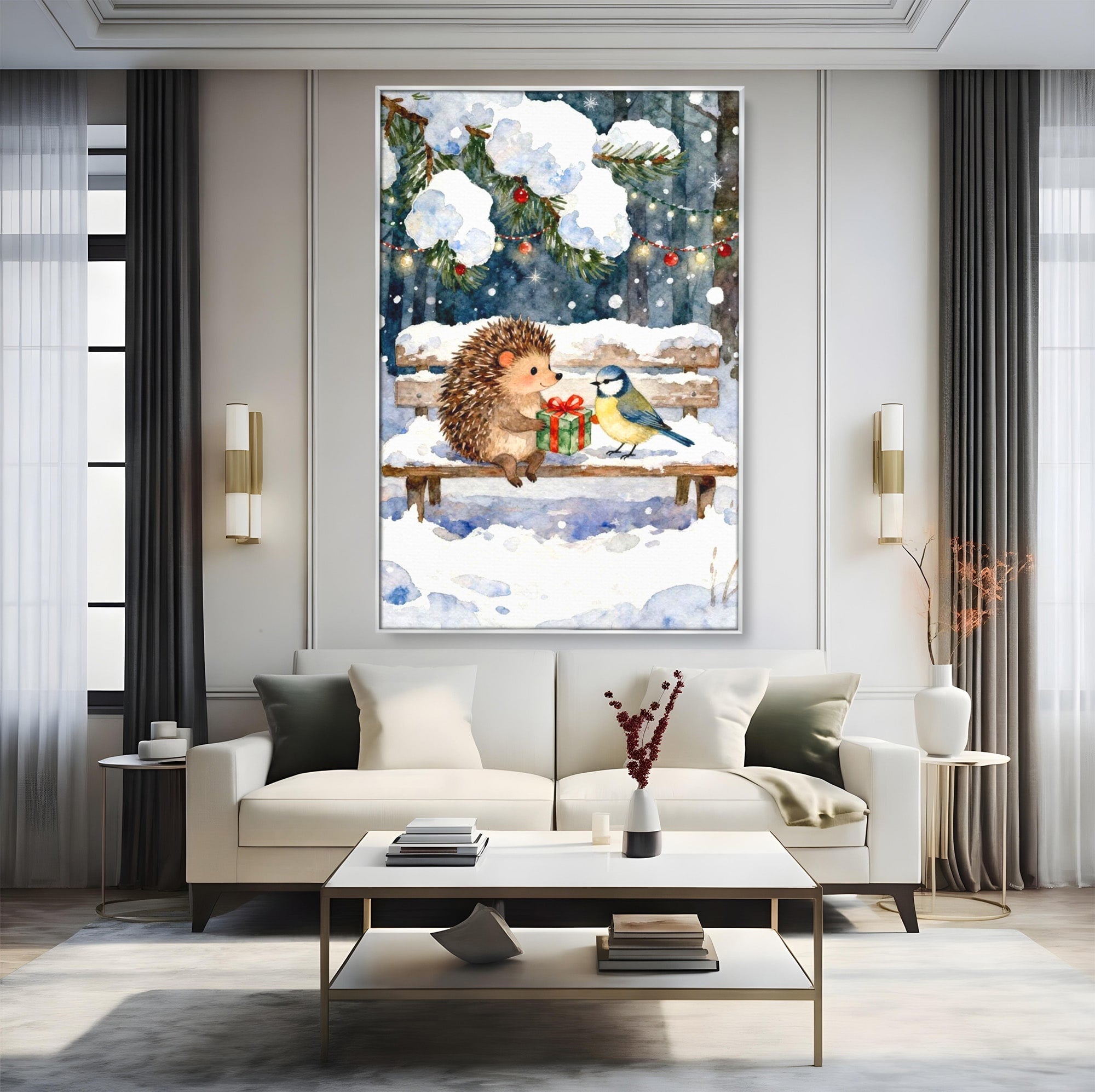 Tablou Canvas Premium LuxCanva® PI1397, Craciunul Micilor Prieteni, Arici, Pasare, Iarna, Cadou, Culori Vibrante, Living, Dormitor, Camera Copii