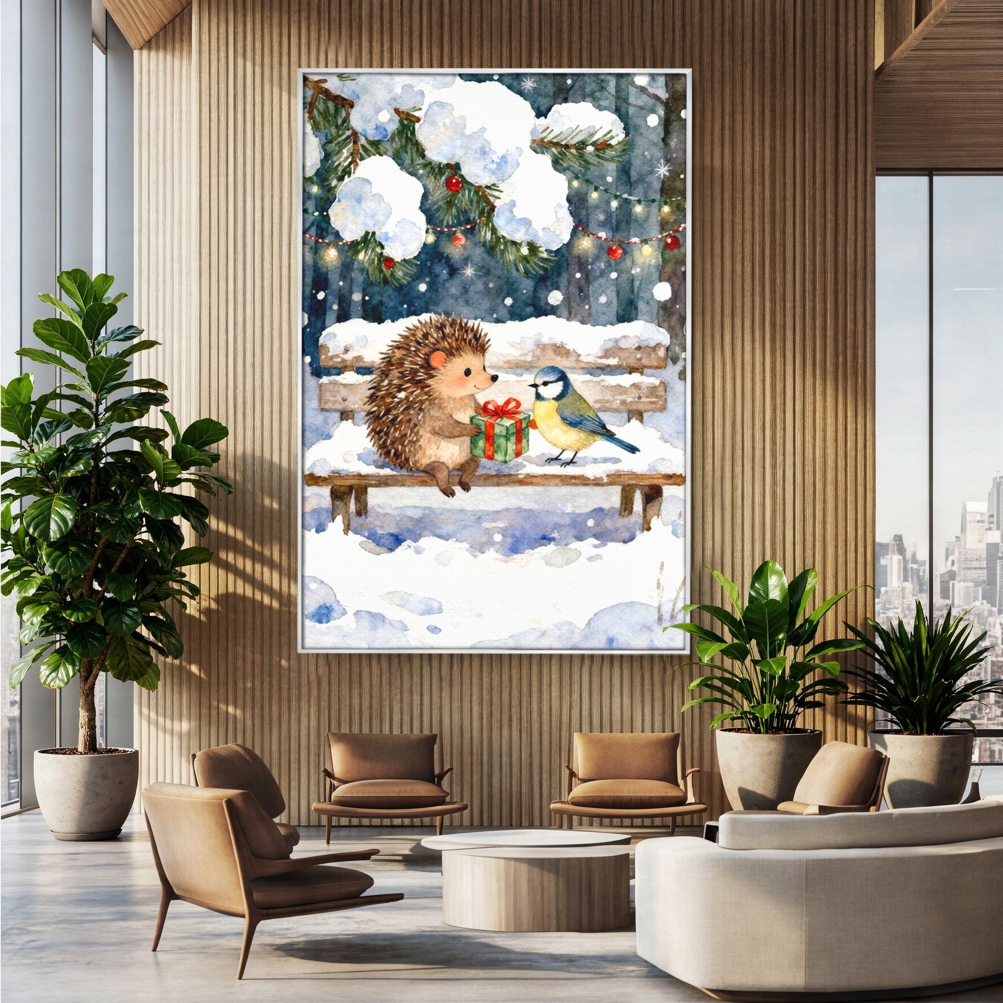 Tablou Canvas Premium LuxCanva® PI1397, Craciunul Micilor Prieteni, Arici, Pasare, Iarna, Cadou, Culori Vibrante, Living, Dormitor, Camera Copii