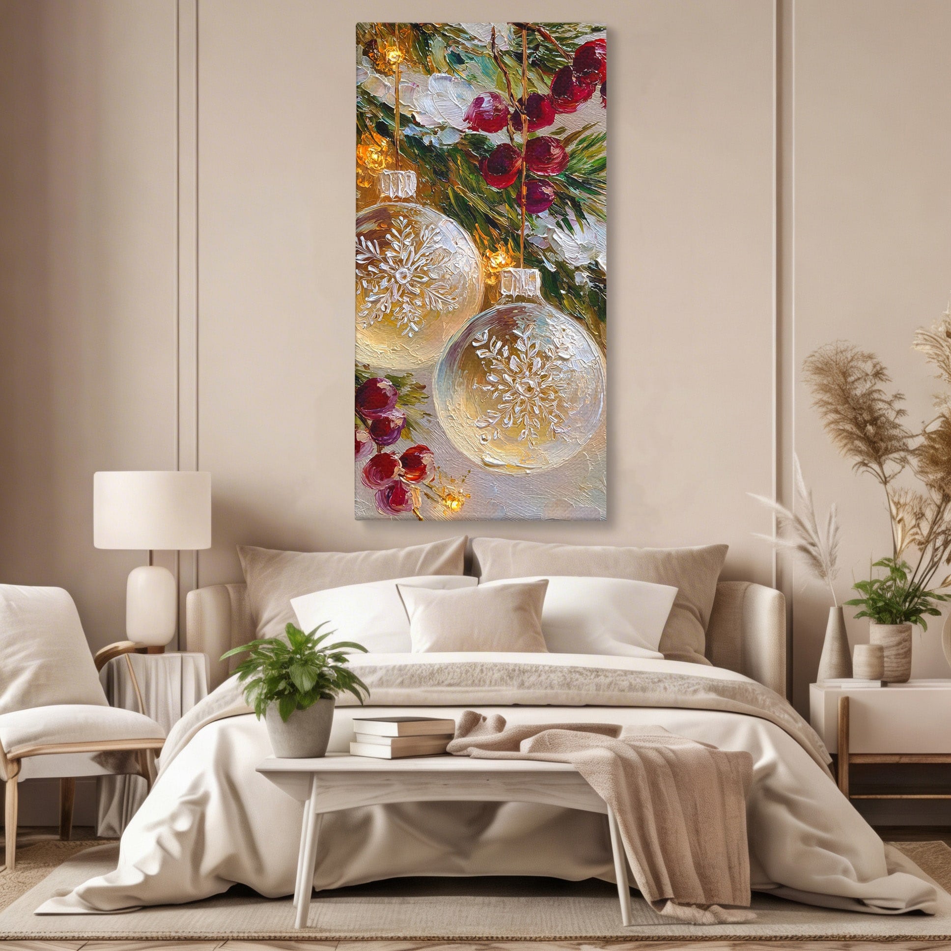 Tablou Canvas Premium LuxCanva® PI1404, Globuri De Craciun, Brad, Aranjament, Decoratiuni, Iarna, Culori Vibrante, Living, Dormitor, Bucatarie