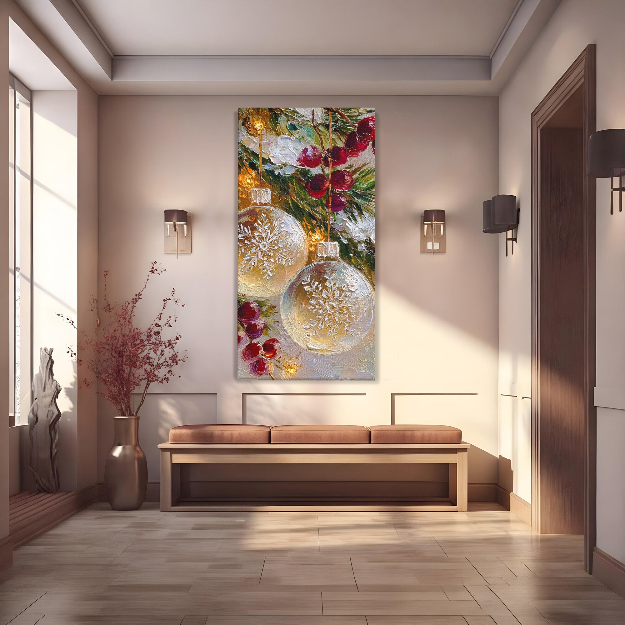 Tablou Canvas Premium LuxCanva® PI1404, Globuri De Craciun, Brad, Aranjament, Decoratiuni, Iarna, Culori Vibrante, Living, Dormitor, Bucatarie