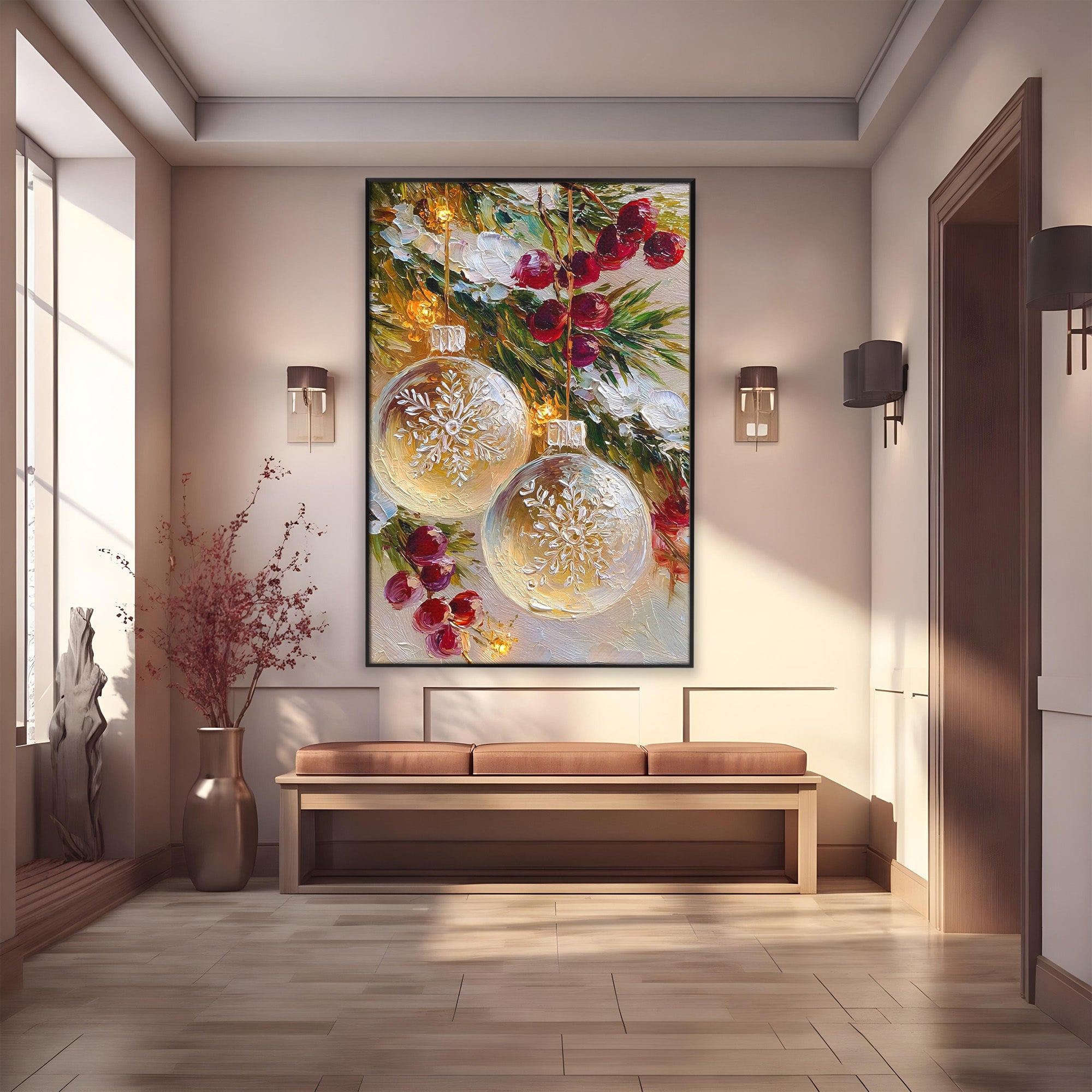 Tablou Canvas Premium LuxCanva® PI1404, Globuri De Craciun, Brad, Aranjament, Decoratiuni, Iarna, Culori Vibrante, Living, Dormitor, Bucatarie