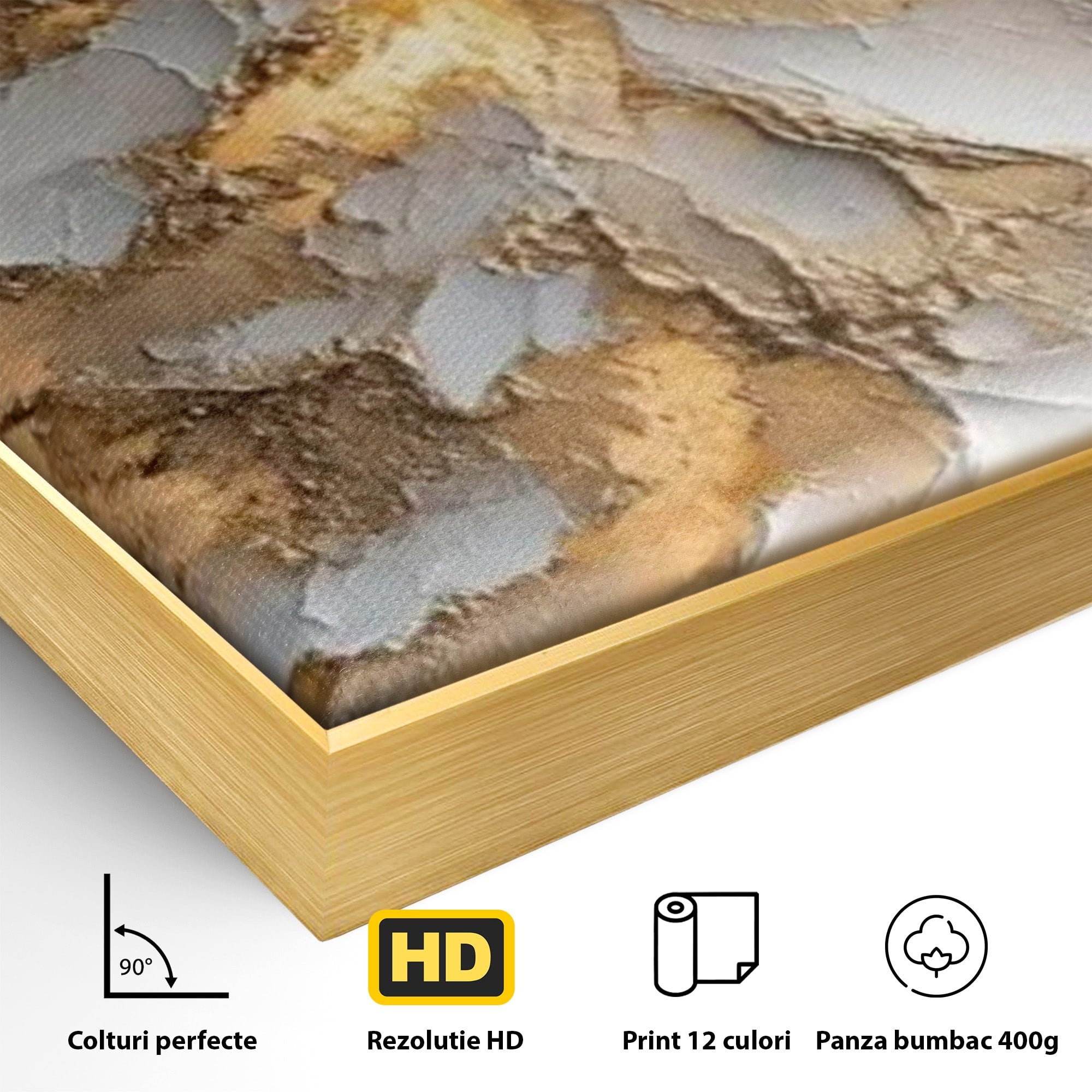 Tablou Canvas Premium LuxCanva® PI1408, Brad in Eleganta Aurie, Iarna, Stralucire, Natura, Texturat, Pretios, Culori Vibrante, Living, Dormitor