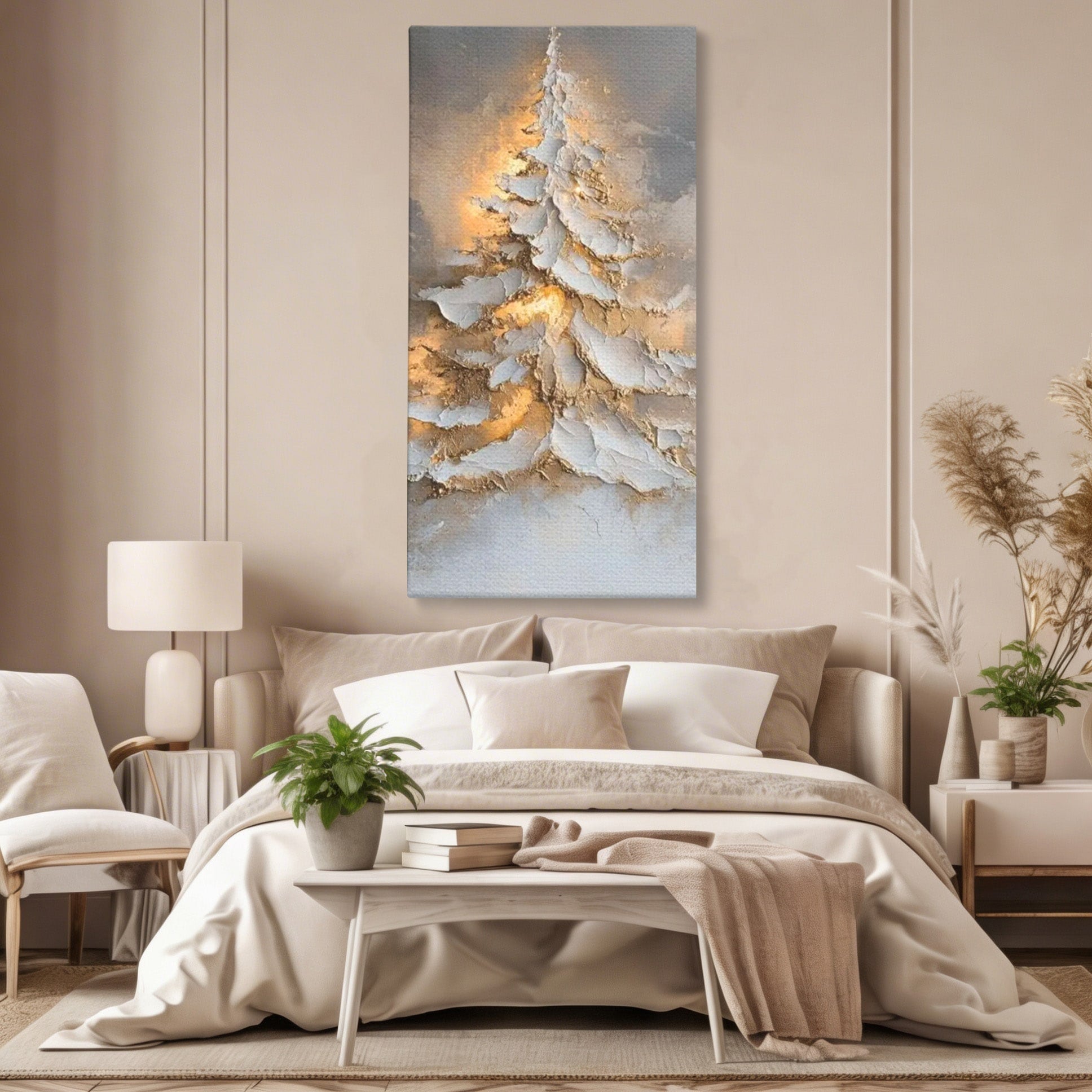 Tablou Canvas Premium LuxCanva® PI1408, Brad in Eleganta Aurie, Iarna, Stralucire, Natura, Texturat, Pretios, Culori Vibrante, Living, Dormitor