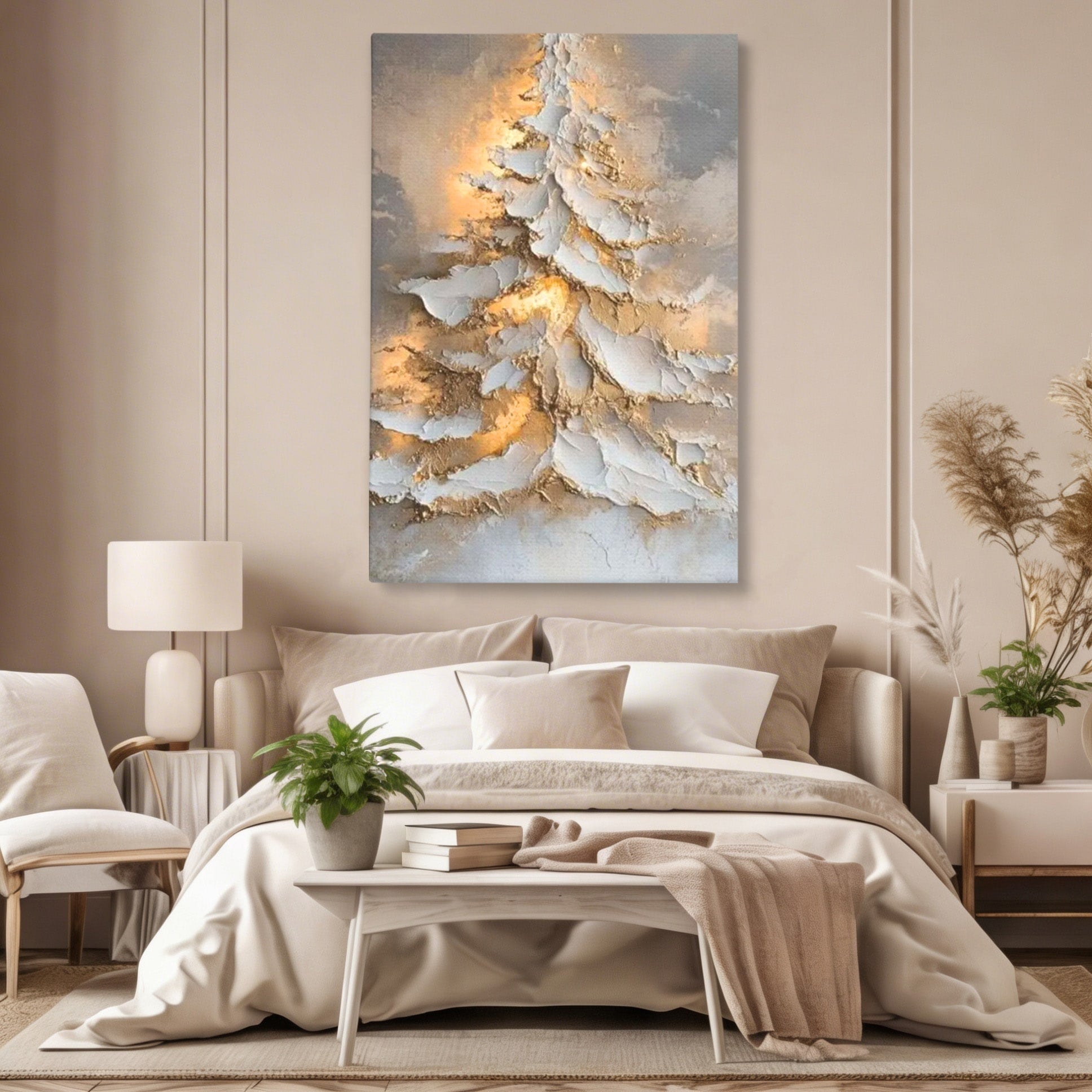Tablou Canvas Premium LuxCanva® PI1408, Brad in Eleganta Aurie, Iarna, Stralucire, Natura, Texturat, Pretios, Culori Vibrante, Living, Dormitor