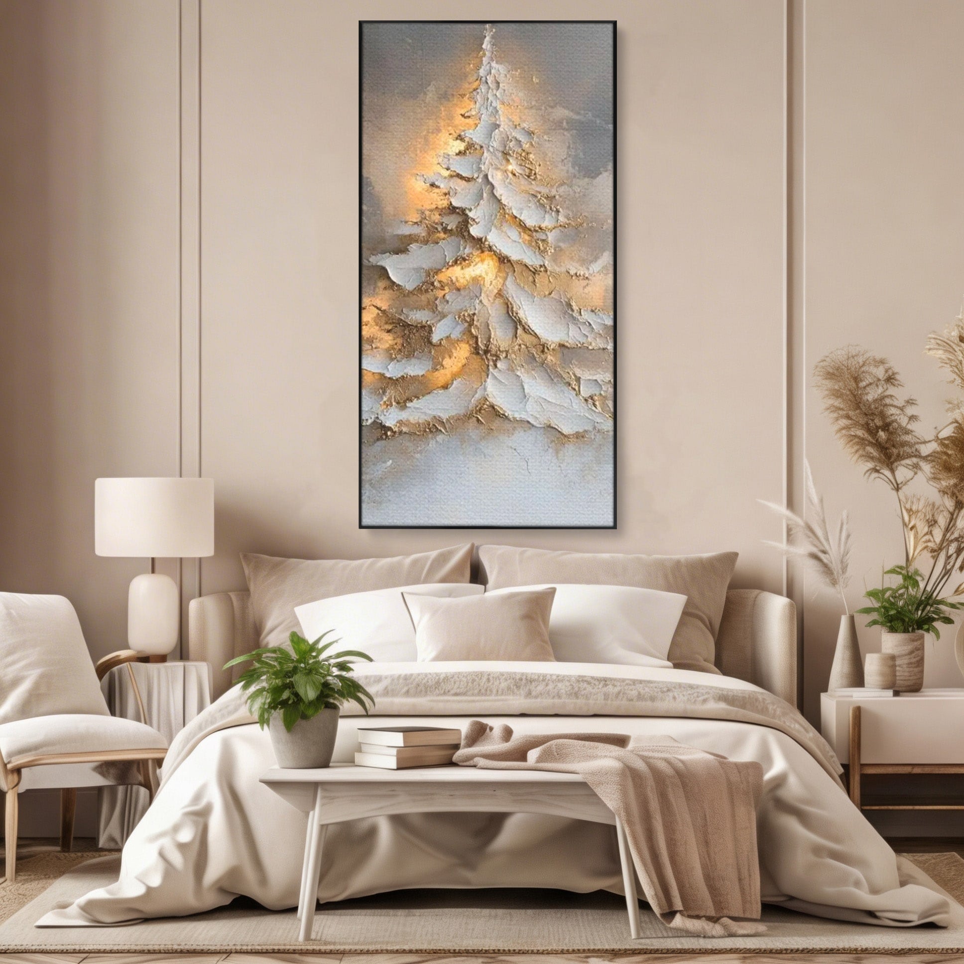 Tablou Canvas Premium LuxCanva® PI1408, Brad in Eleganta Aurie, Iarna, Stralucire, Natura, Texturat, Pretios, Culori Vibrante, Living, Dormitor