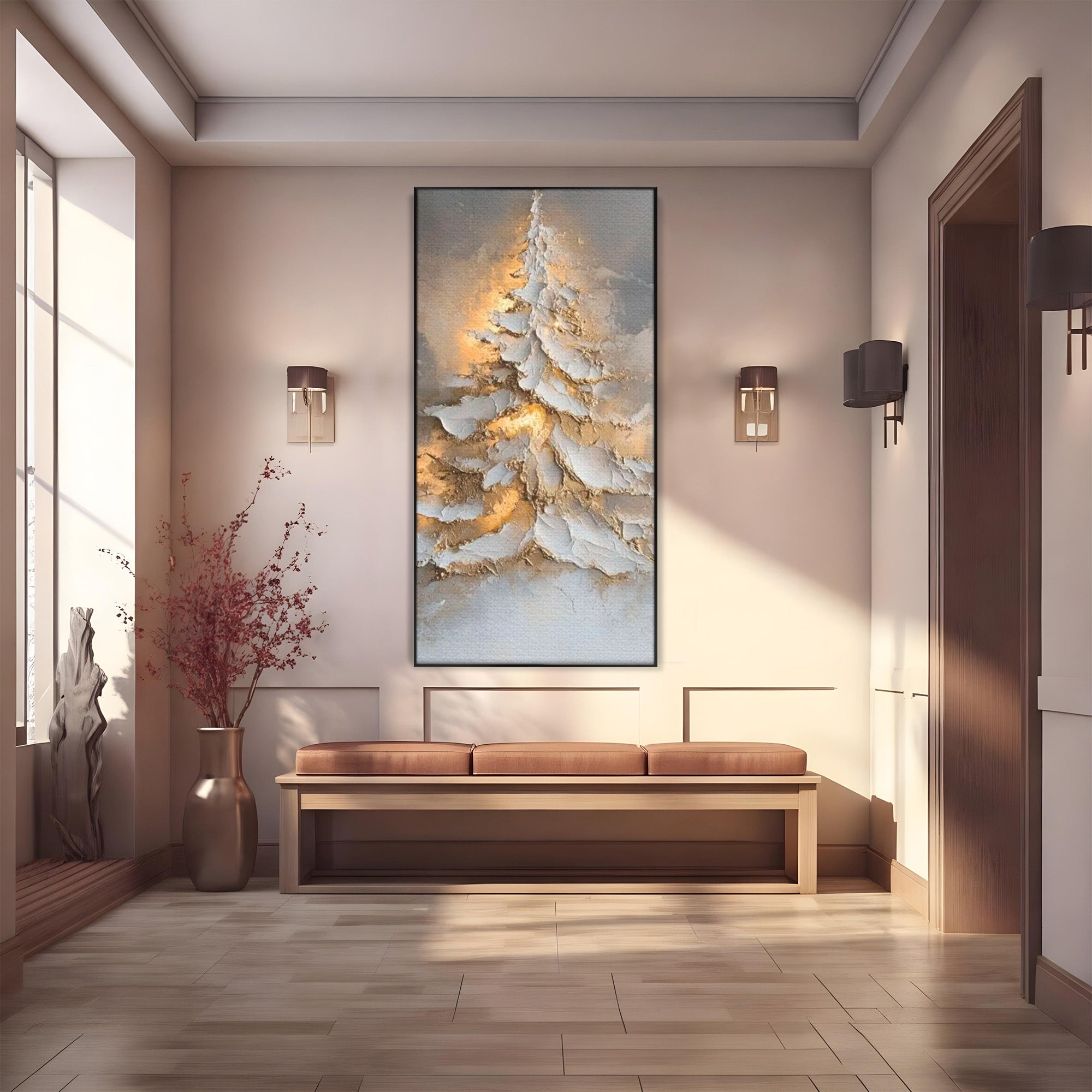 Tablou Canvas Premium LuxCanva® PI1408, Brad in Eleganta Aurie, Iarna, Stralucire, Natura, Texturat, Pretios, Culori Vibrante, Living, Dormitor