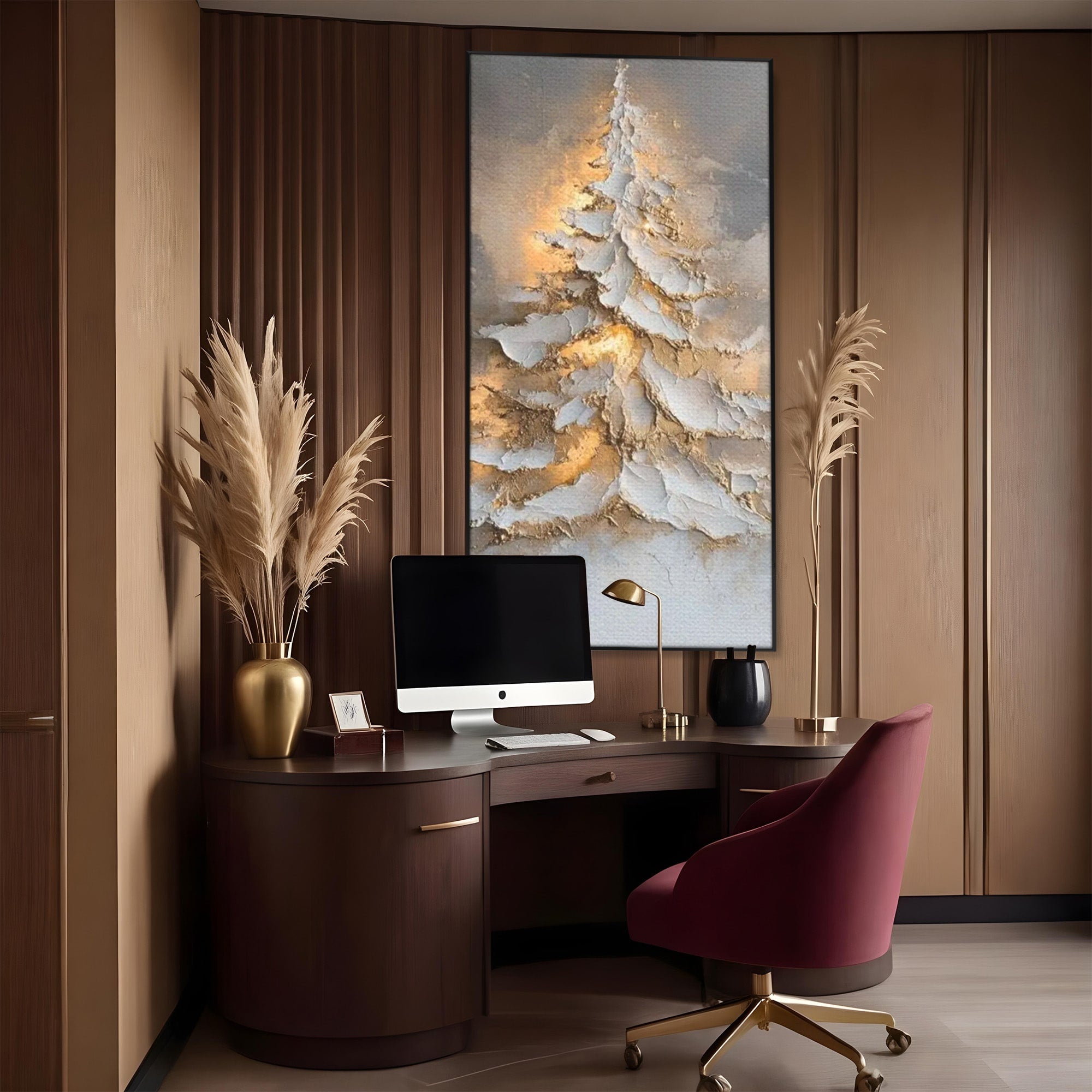 Tablou Canvas Premium LuxCanva® PI1408, Brad in Eleganta Aurie, Iarna, Stralucire, Natura, Texturat, Pretios, Culori Vibrante, Living, Dormitor