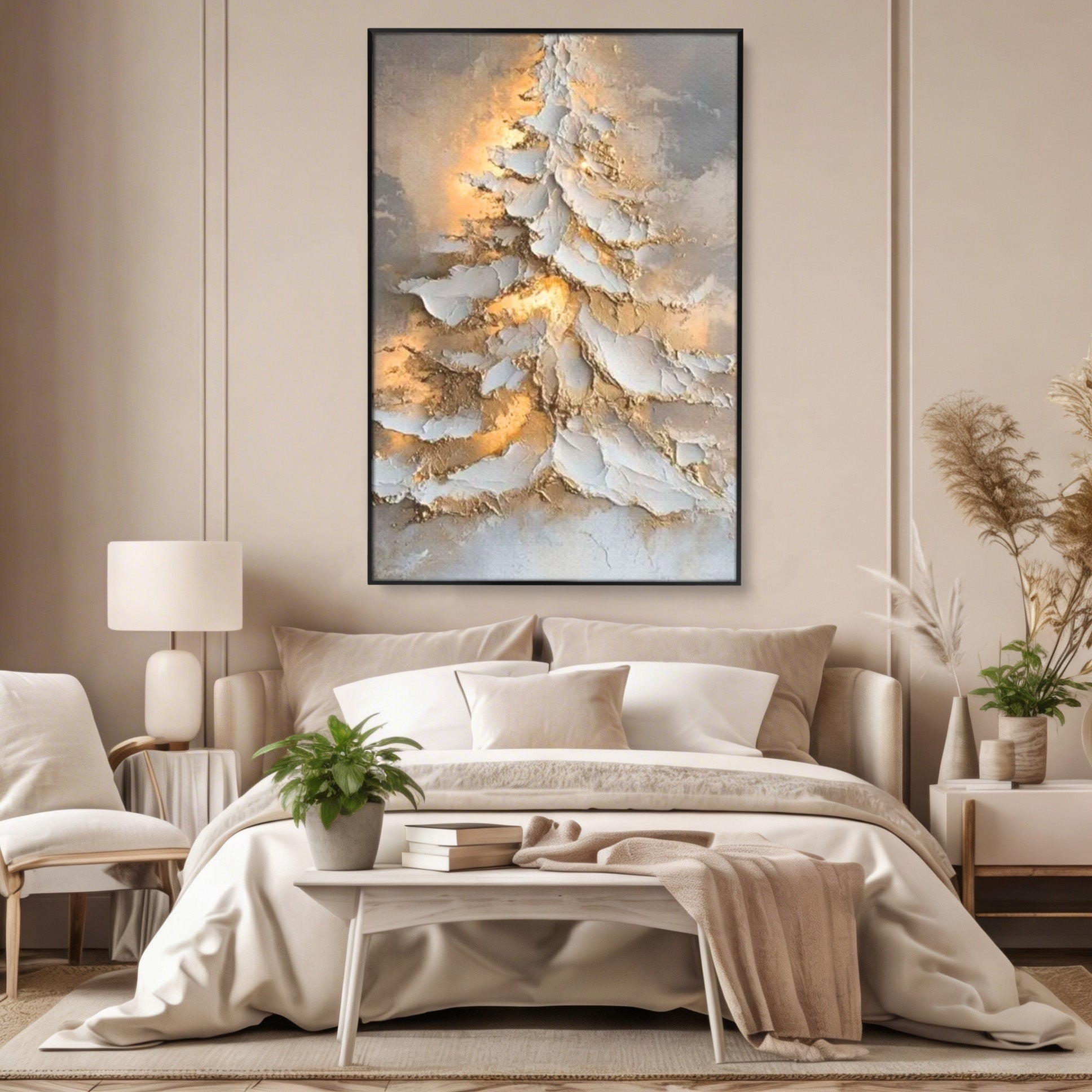 Tablou Canvas Premium LuxCanva® PI1408, Brad in Eleganta Aurie, Iarna, Stralucire, Natura, Texturat, Pretios, Culori Vibrante, Living, Dormitor