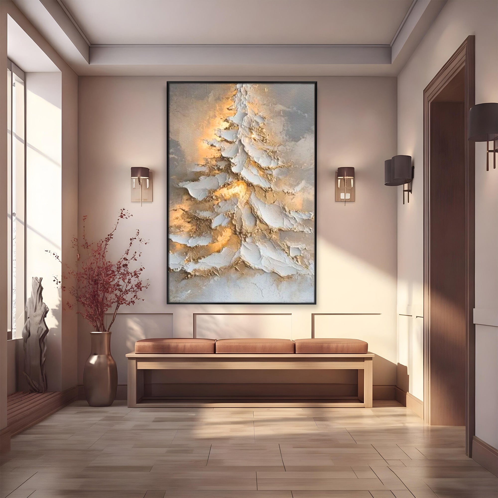 Tablou Canvas Premium LuxCanva® PI1408, Brad in Eleganta Aurie, Iarna, Stralucire, Natura, Texturat, Pretios, Culori Vibrante, Living, Dormitor