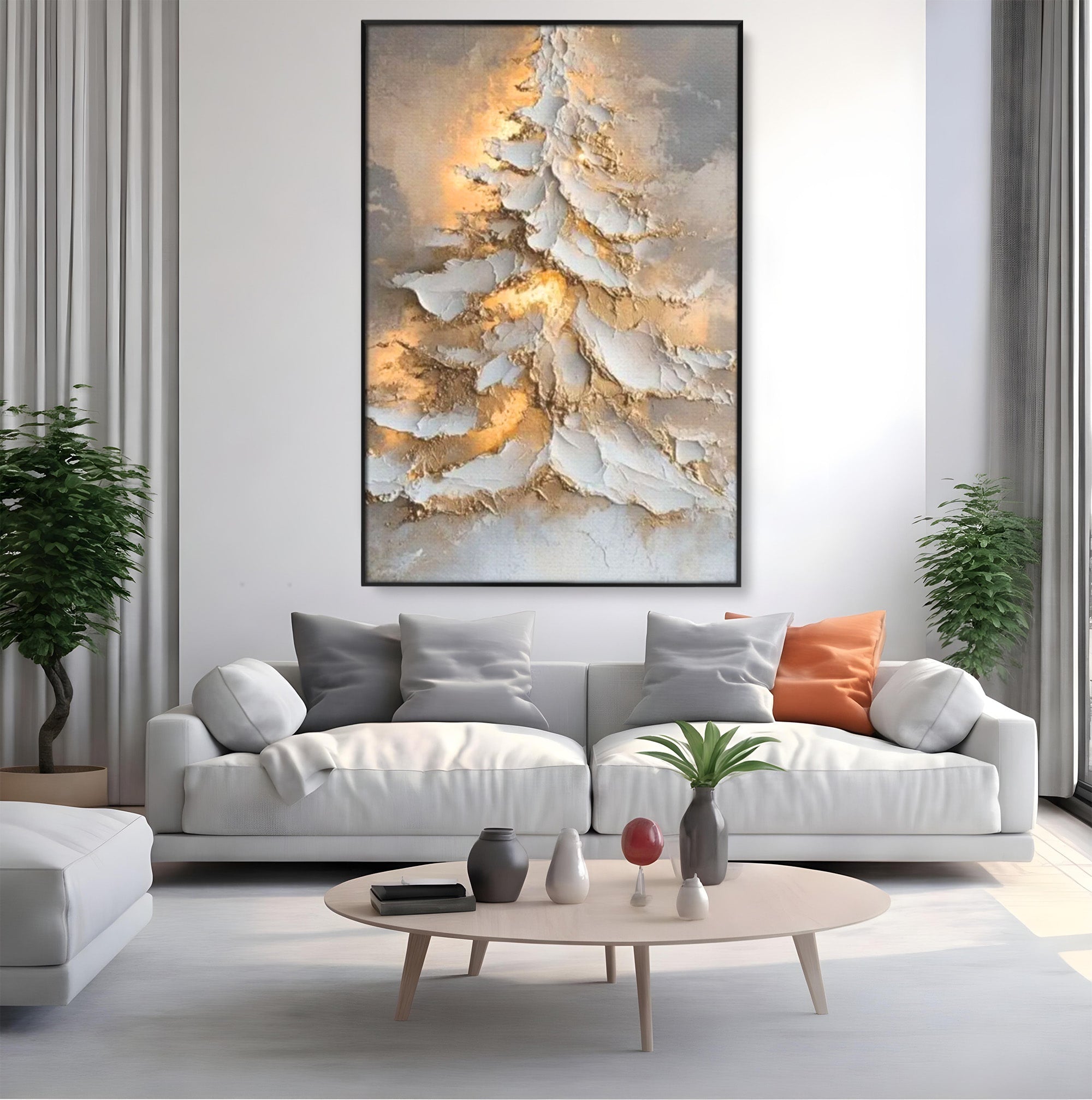 Tablou Canvas Premium LuxCanva® PI1408, Brad in Eleganta Aurie, Iarna, Stralucire, Natura, Texturat, Pretios, Culori Vibrante, Living, Dormitor