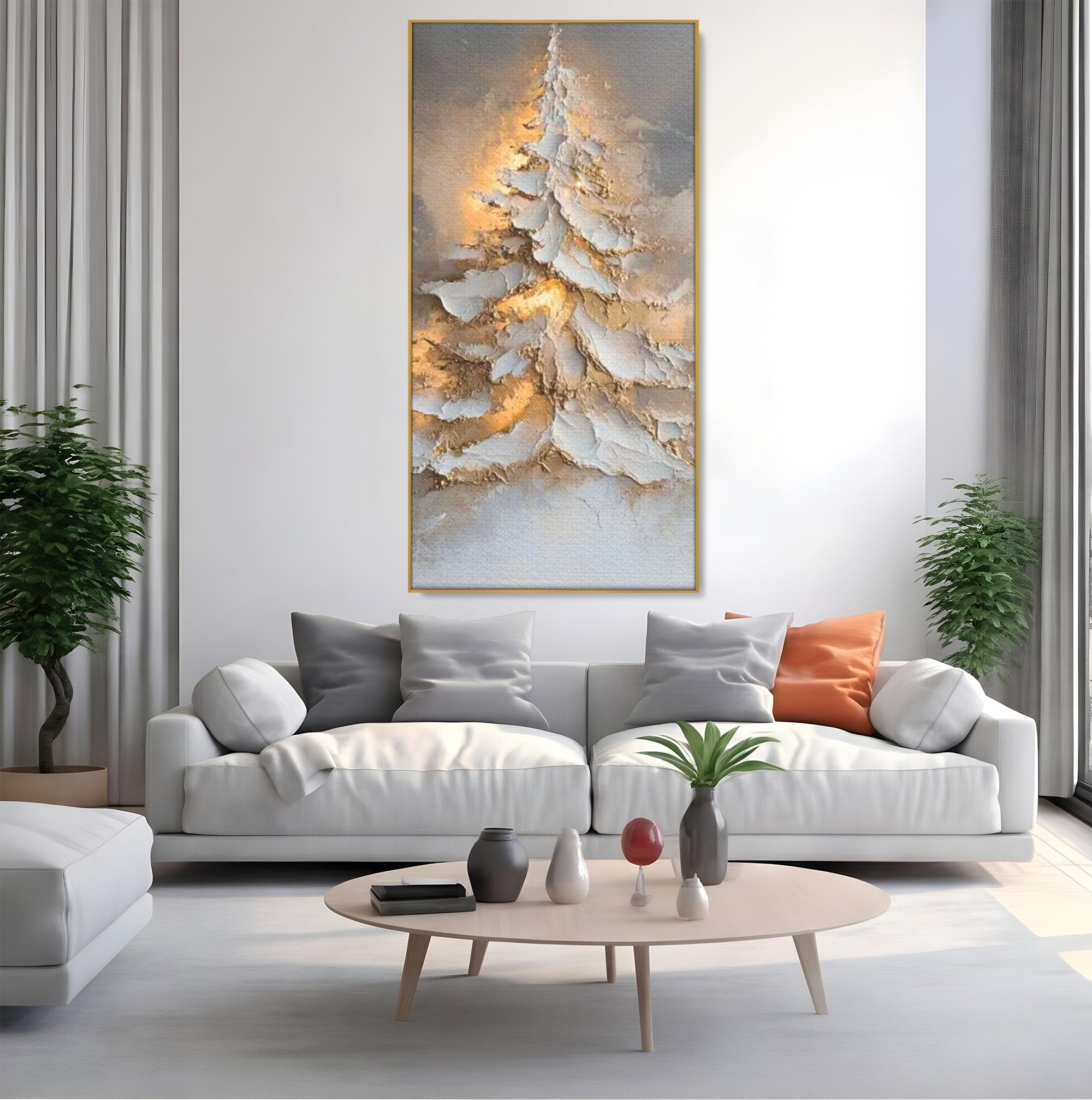 Tablou Canvas Premium LuxCanva® PI1408, Brad in Eleganta Aurie, Iarna, Stralucire, Natura, Texturat, Pretios, Culori Vibrante, Living, Dormitor