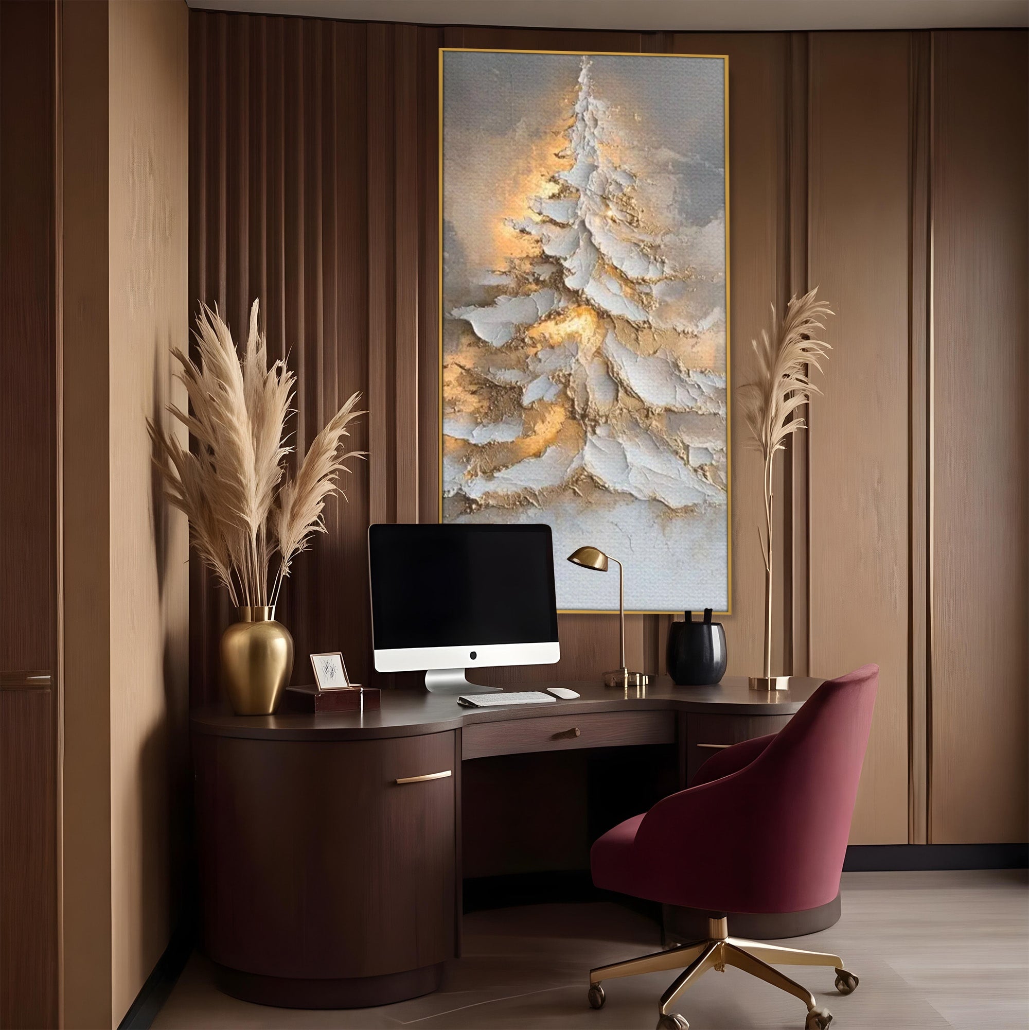 Tablou Canvas Premium LuxCanva® PI1408, Brad in Eleganta Aurie, Iarna, Stralucire, Natura, Texturat, Pretios, Culori Vibrante, Living, Dormitor