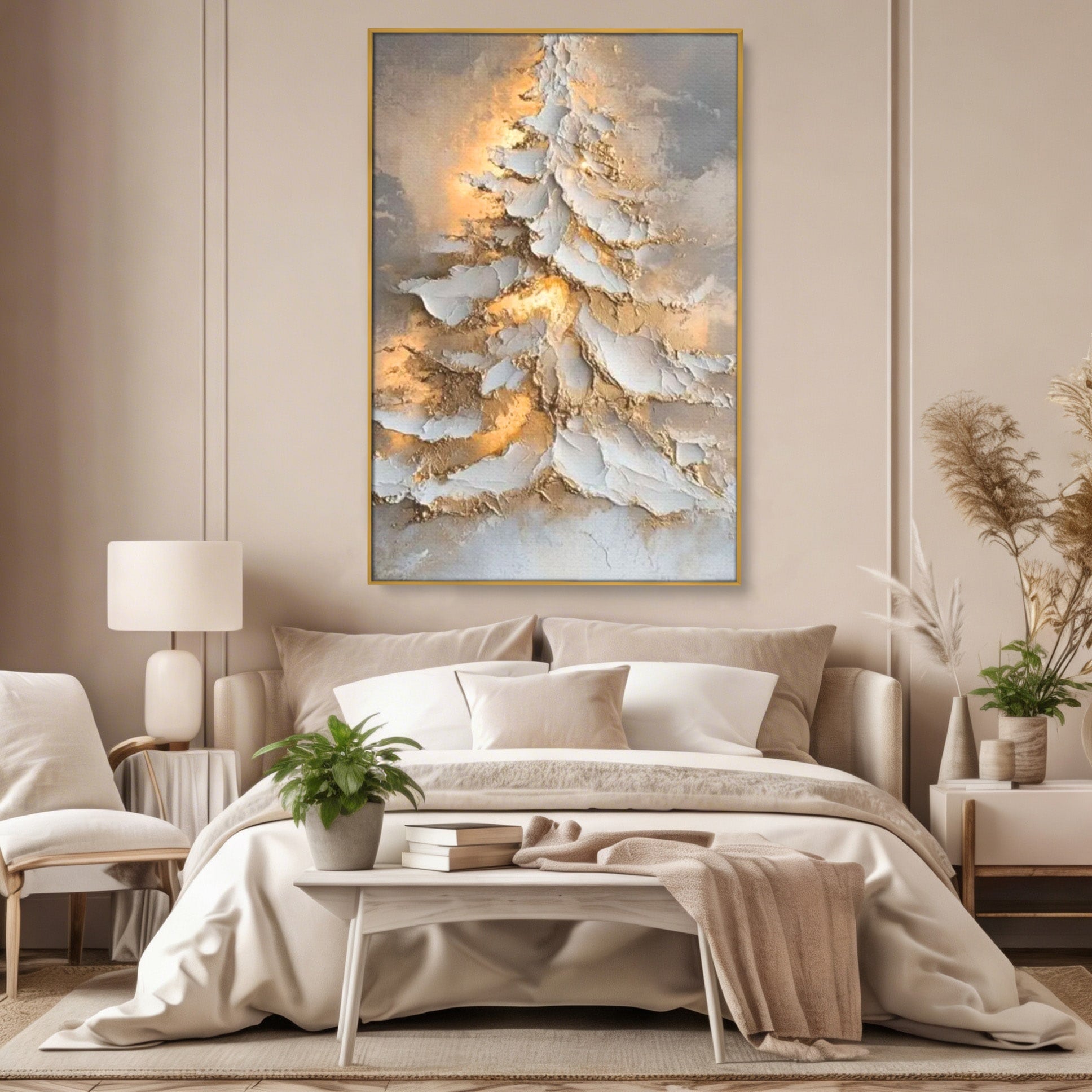 Tablou Canvas Premium LuxCanva® PI1408, Brad in Eleganta Aurie, Iarna, Stralucire, Natura, Texturat, Pretios, Culori Vibrante, Living, Dormitor