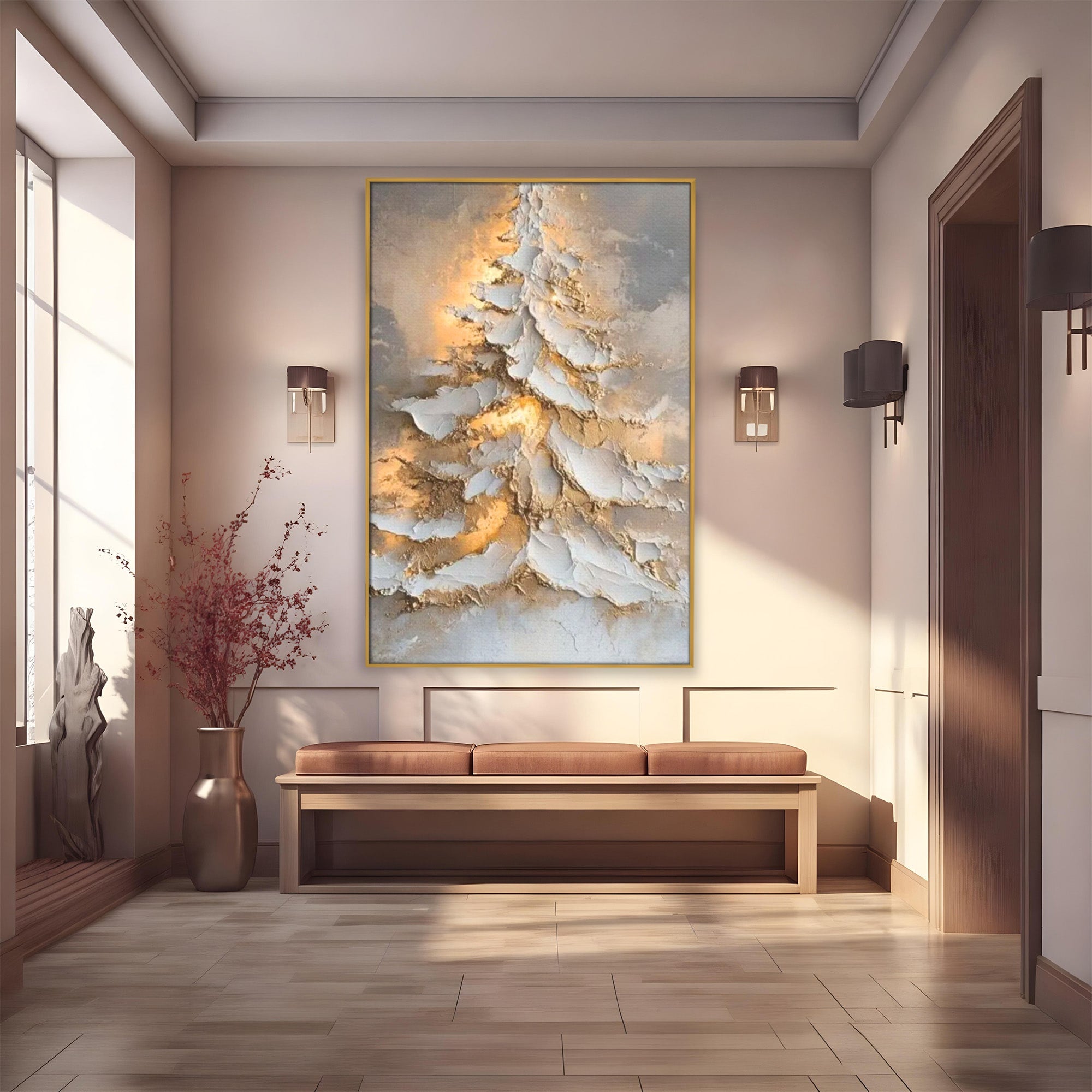 Tablou Canvas Premium LuxCanva® PI1408, Brad in Eleganta Aurie, Iarna, Stralucire, Natura, Texturat, Pretios, Culori Vibrante, Living, Dormitor