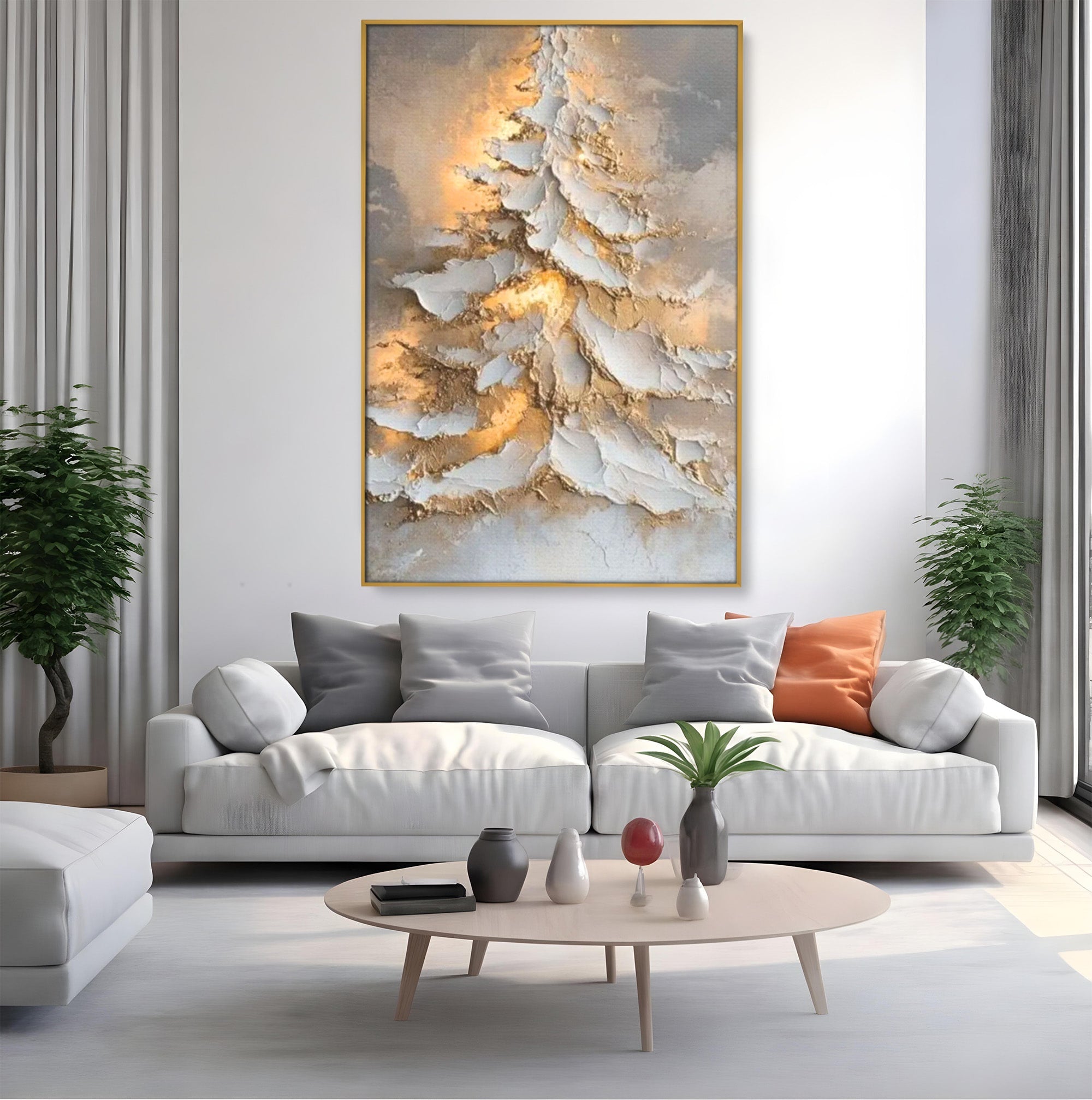Tablou Canvas Premium LuxCanva® PI1408, Brad in Eleganta Aurie, Iarna, Stralucire, Natura, Texturat, Pretios, Culori Vibrante, Living, Dormitor