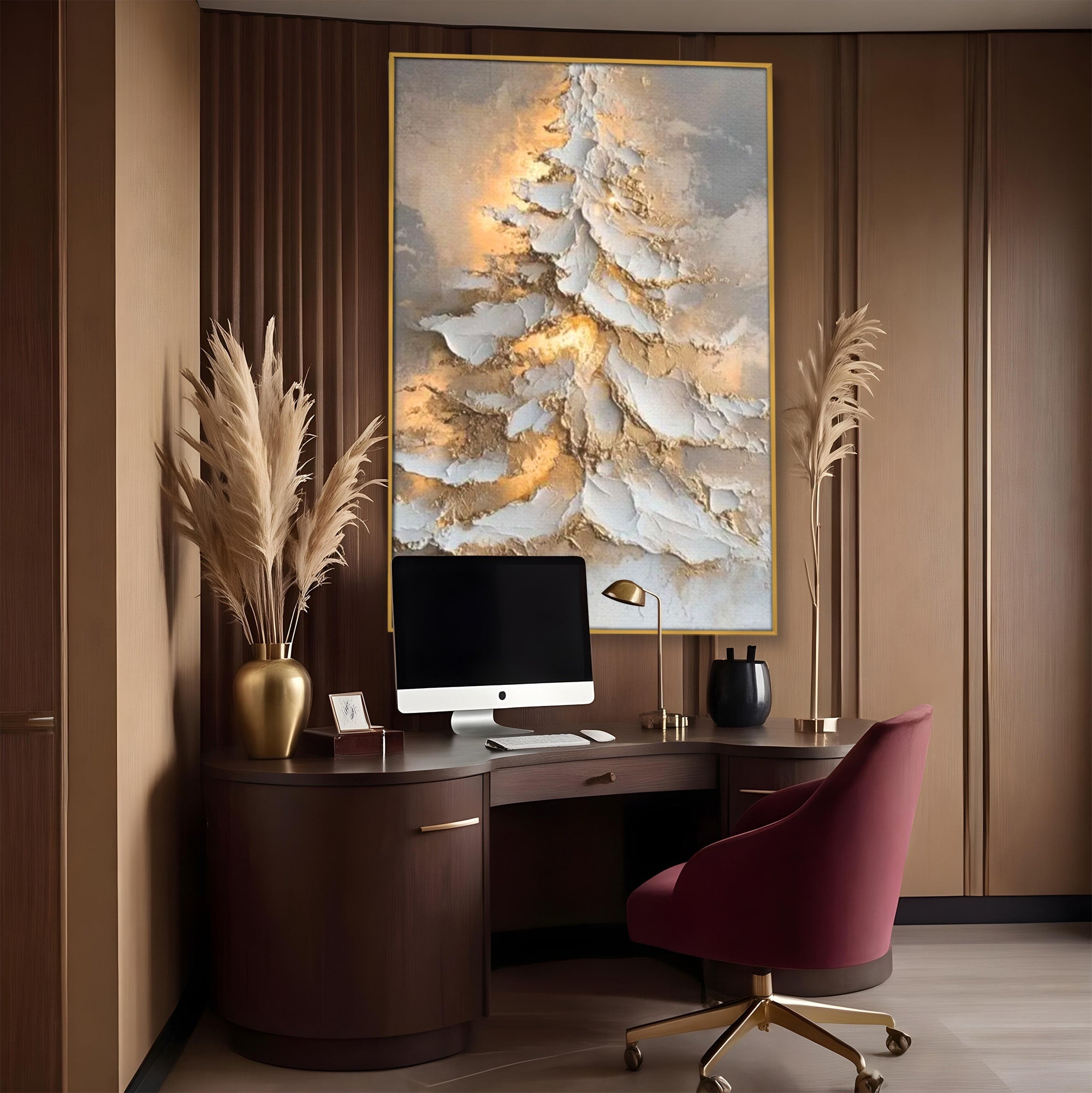 Tablou Canvas Premium LuxCanva® PI1408, Brad in Eleganta Aurie, Iarna, Stralucire, Natura, Texturat, Pretios, Culori Vibrante, Living, Dormitor