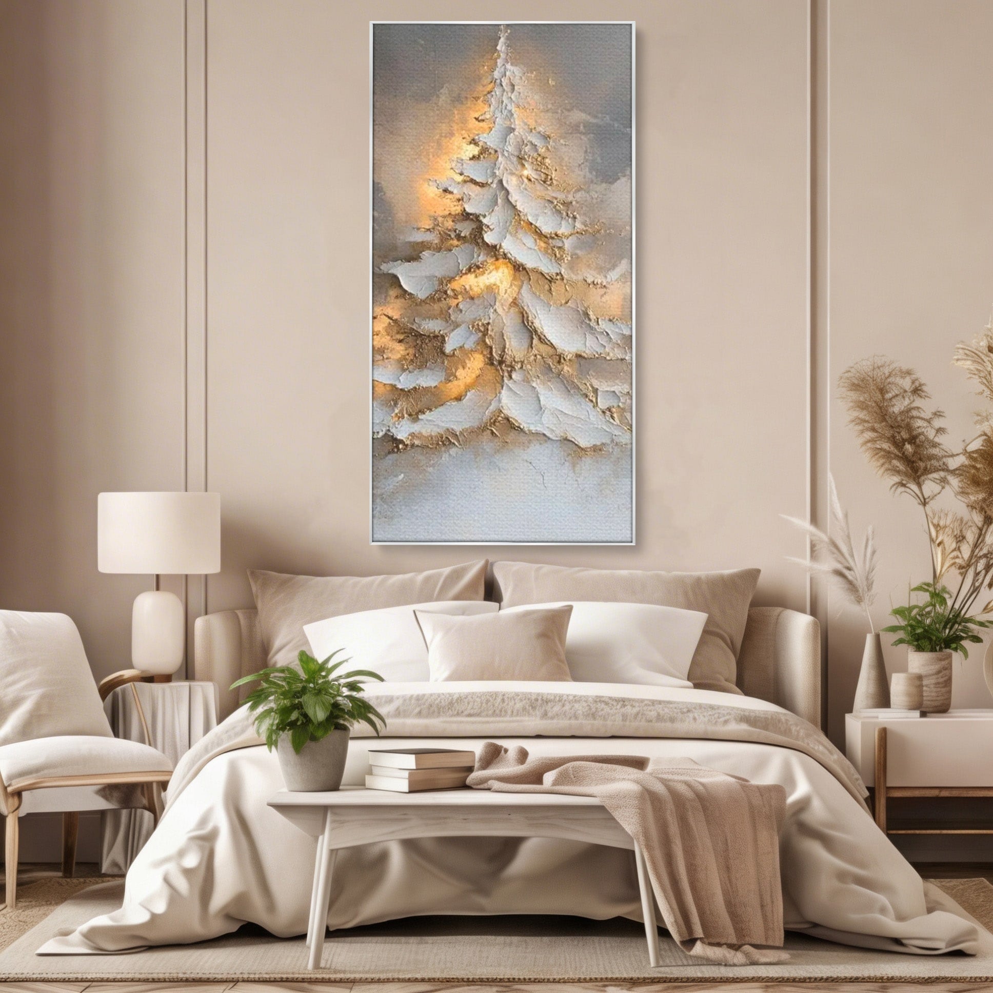 Tablou Canvas Premium LuxCanva® PI1408, Brad in Eleganta Aurie, Iarna, Stralucire, Natura, Texturat, Pretios, Culori Vibrante, Living, Dormitor