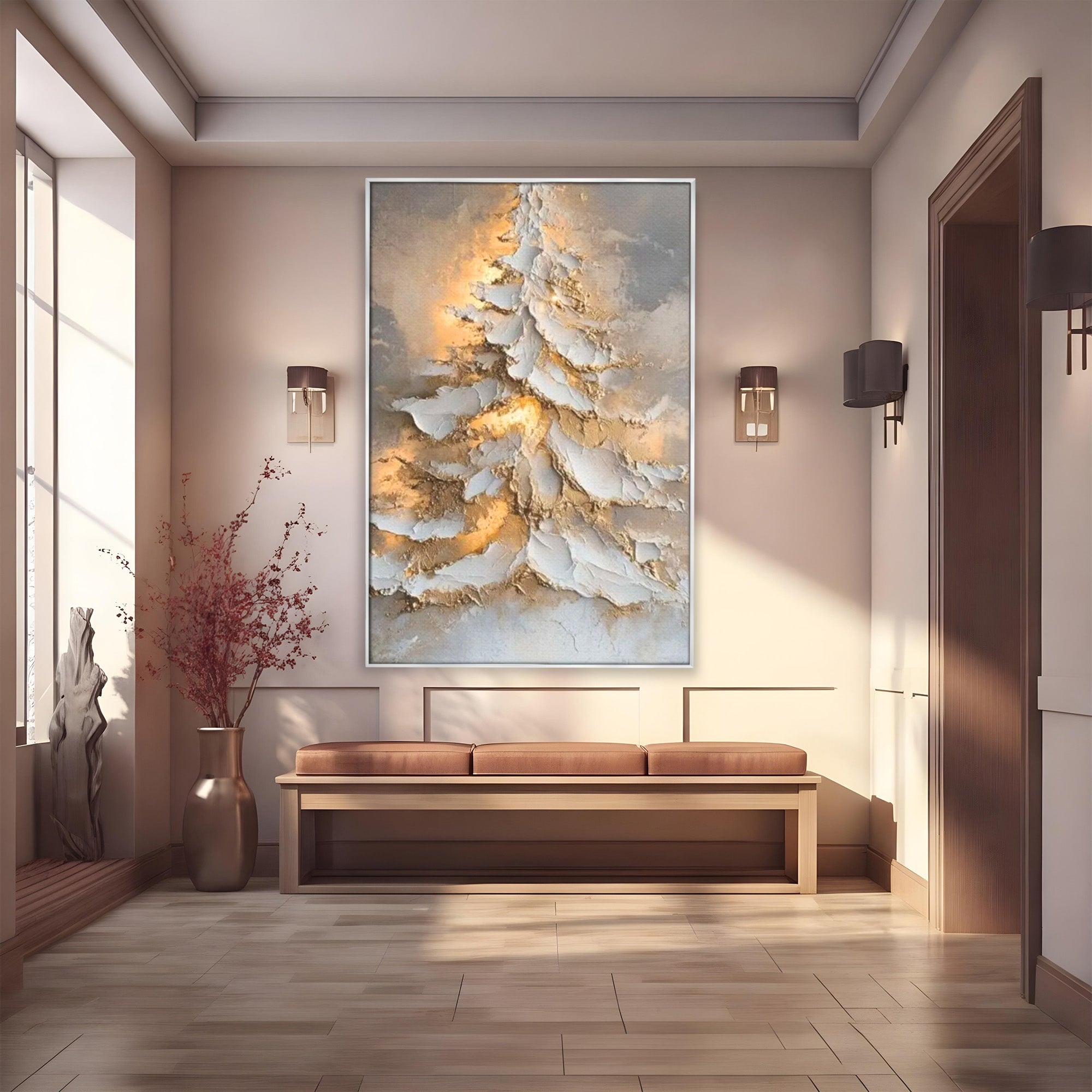 Tablou Canvas Premium LuxCanva® PI1408, Brad in Eleganta Aurie, Iarna, Stralucire, Natura, Texturat, Pretios, Culori Vibrante, Living, Dormitor