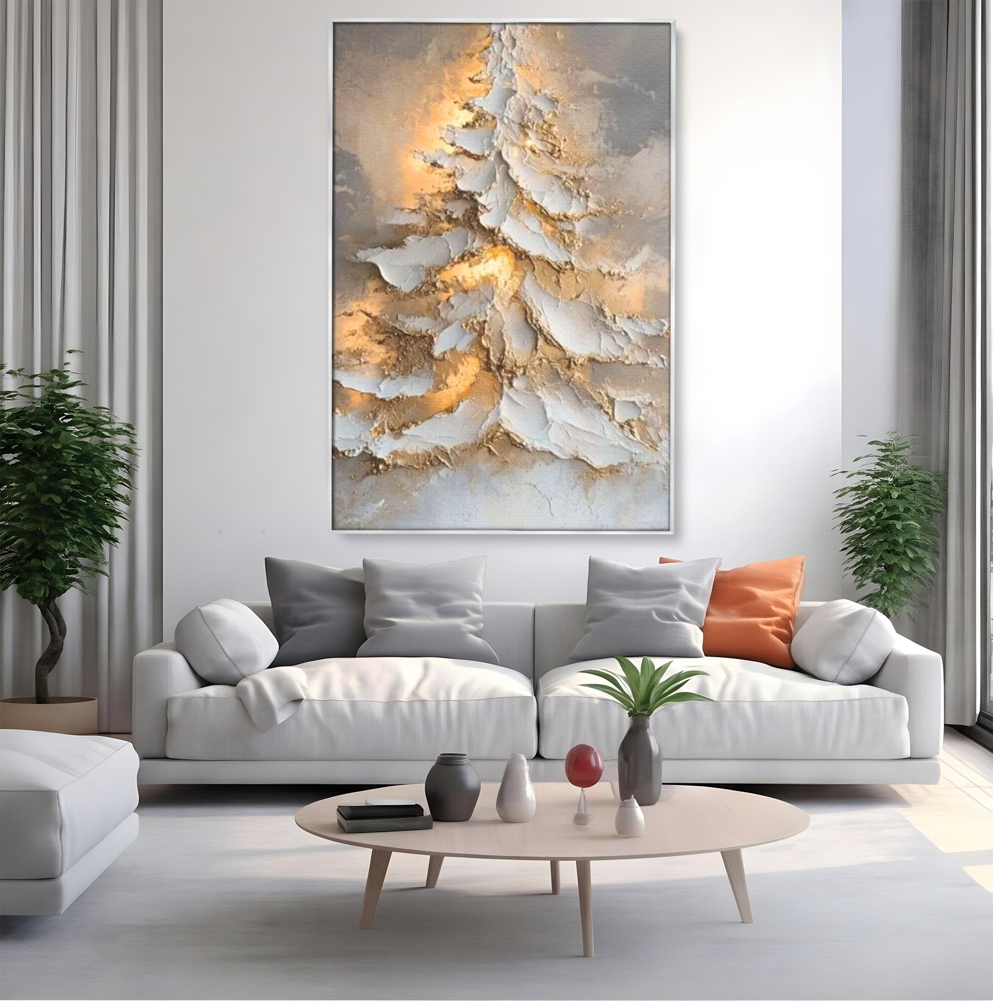 Tablou Canvas Premium LuxCanva® PI1408, Brad in Eleganta Aurie, Iarna, Stralucire, Natura, Texturat, Pretios, Culori Vibrante, Living, Dormitor