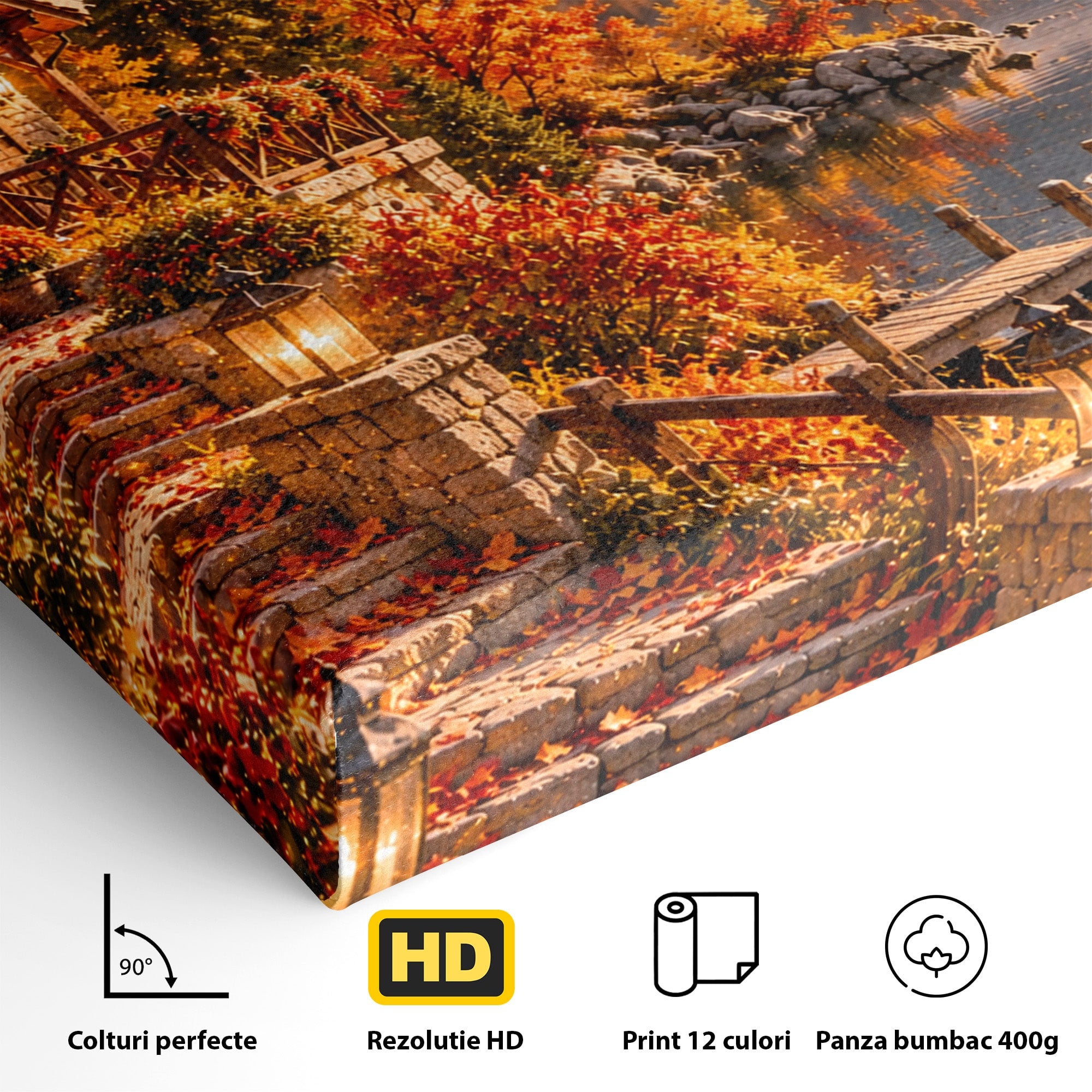 Tablou Canvas Premium LuxCanva® PI1410, Toamna Fermecata, Cabana, Paradis, Peisaj, Montan, Lac, Apus, Culori Vibrante, Living, Dormitor