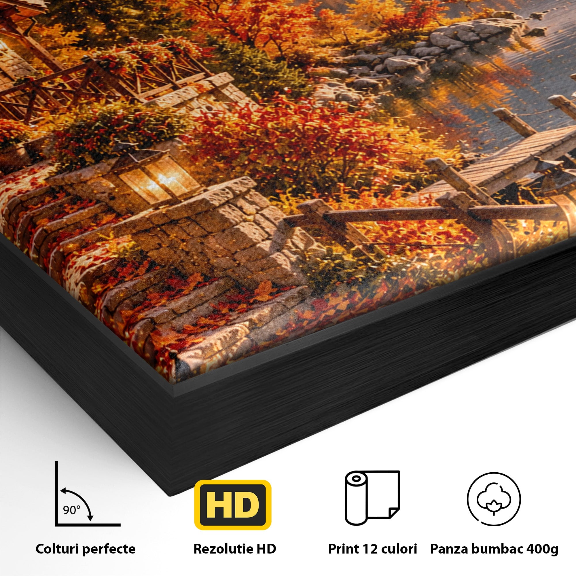 Tablou Canvas Premium LuxCanva® PI1410, Toamna Fermecata, Cabana, Paradis, Peisaj, Montan, Lac, Apus, Culori Vibrante, Living, Dormitor