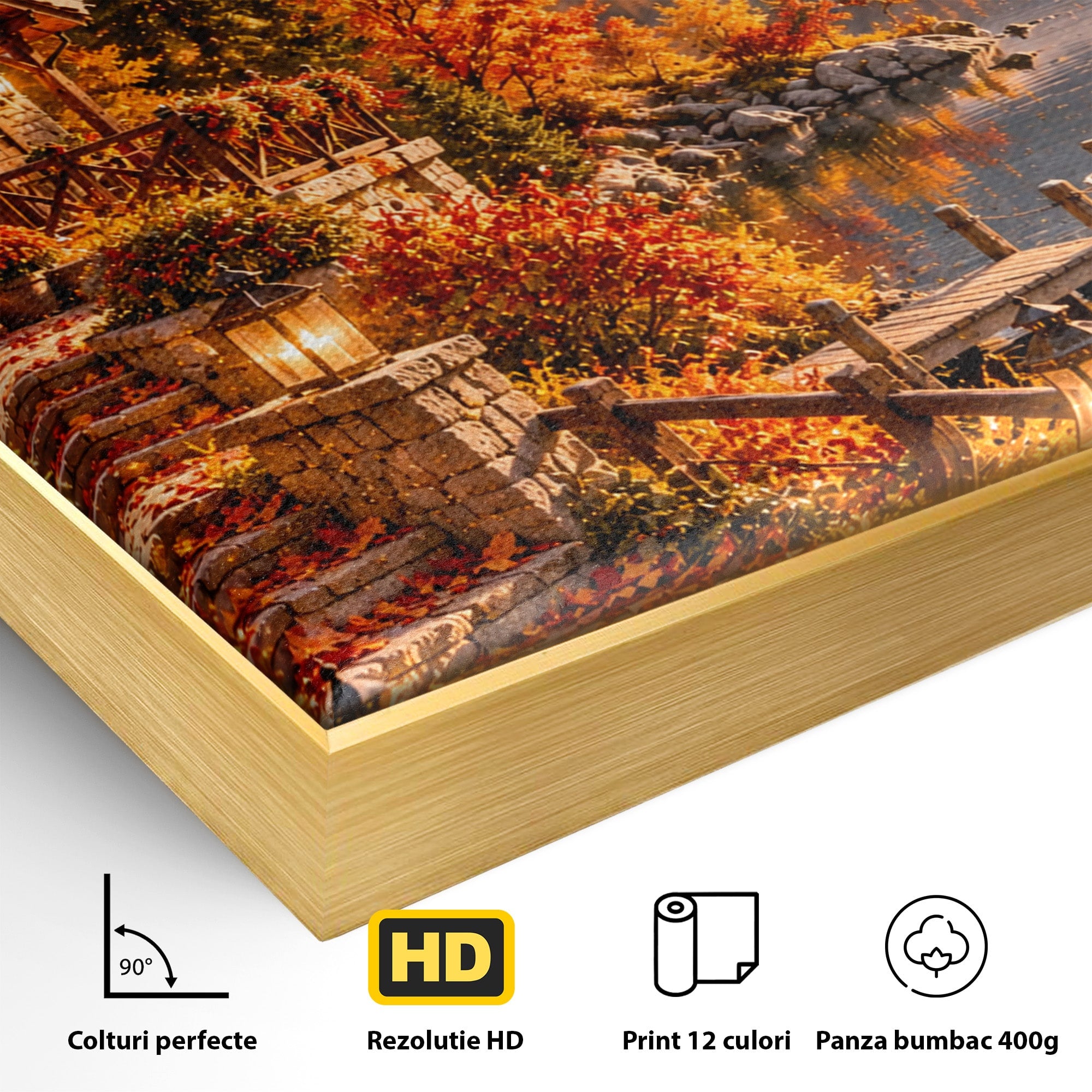 Tablou Canvas Premium LuxCanva® PI1410, Toamna Fermecata, Cabana, Paradis, Peisaj, Montan, Lac, Apus, Culori Vibrante, Living, Dormitor