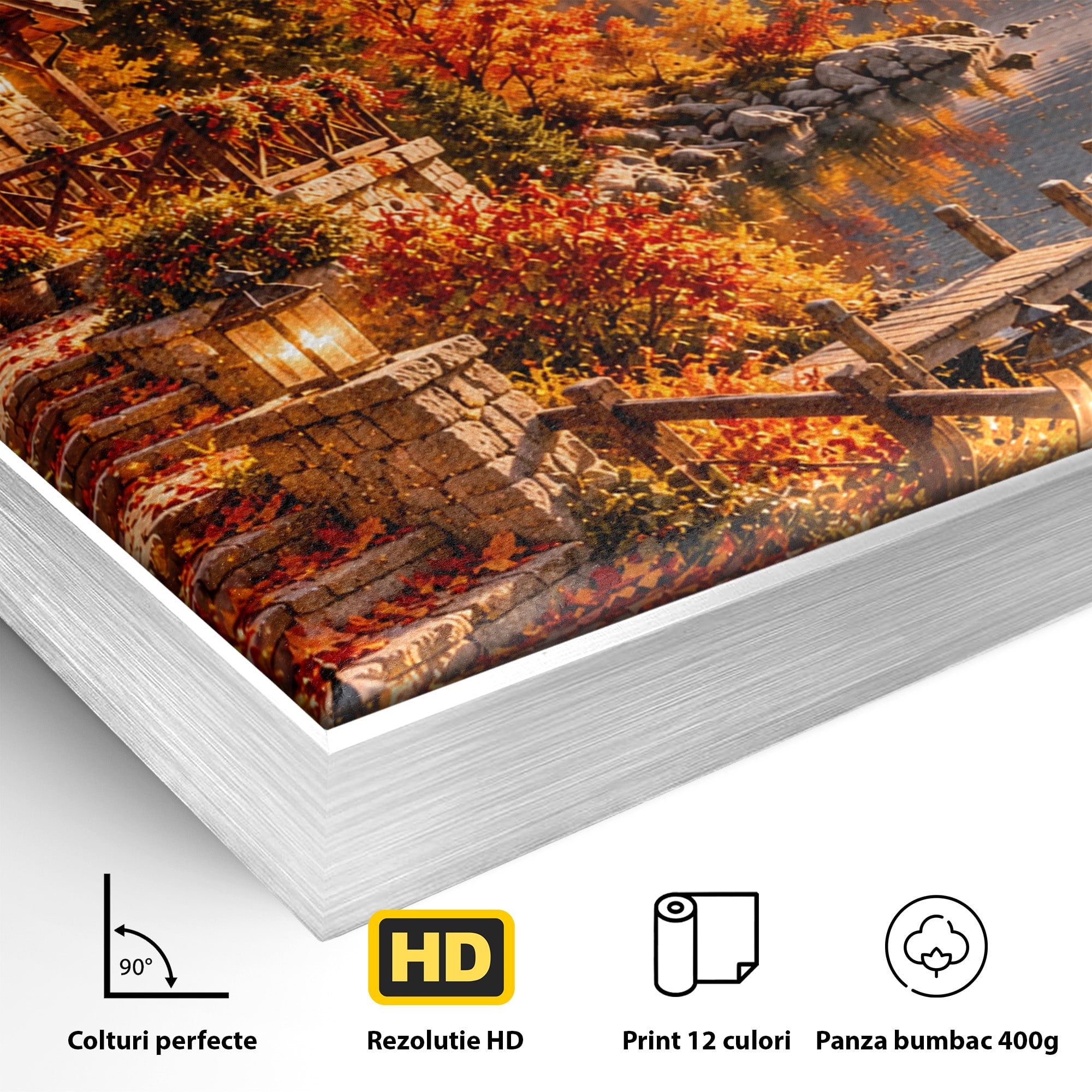 Tablou Canvas Premium LuxCanva® PI1410, Toamna Fermecata, Cabana, Paradis, Peisaj, Montan, Lac, Apus, Culori Vibrante, Living, Dormitor