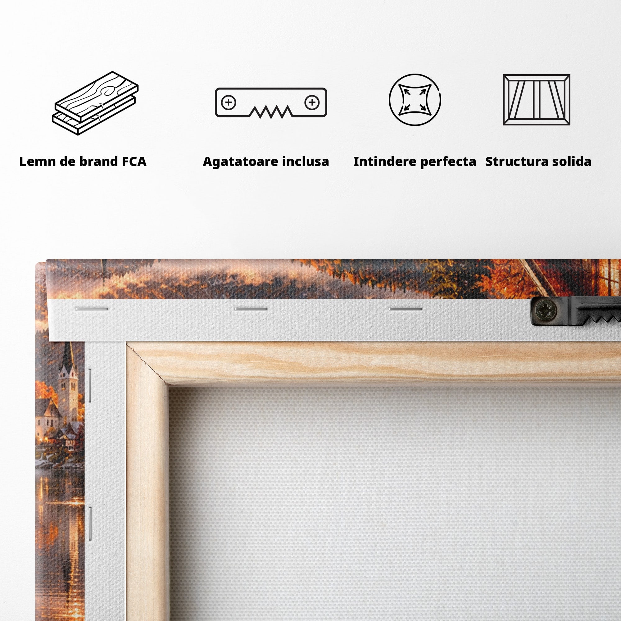 Tablou Canvas Premium LuxCanva® PI1410, Toamna Fermecata, Cabana, Paradis, Peisaj, Montan, Lac, Apus, Culori Vibrante, Living, Dormitor