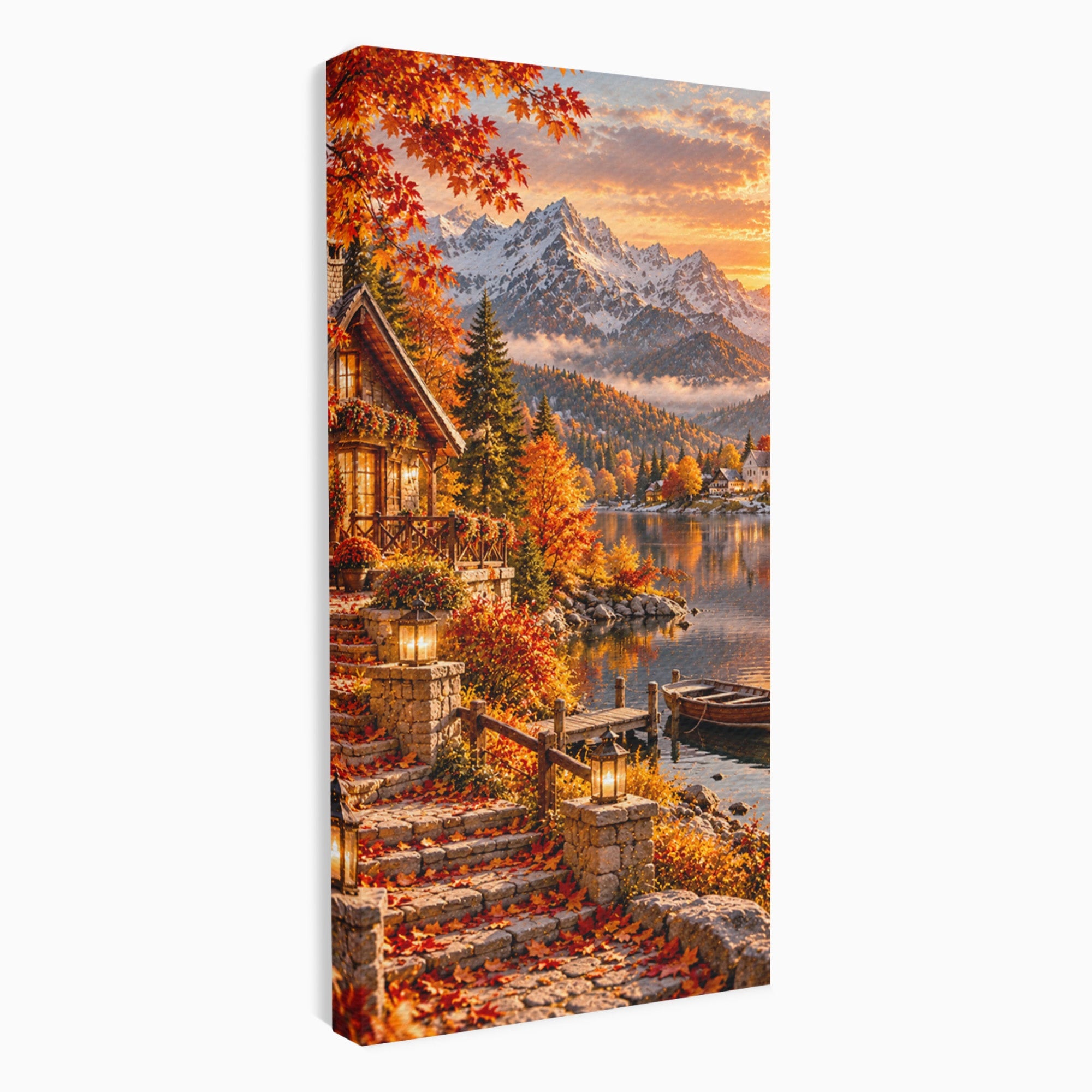 Tablou Canvas Premium LuxCanva® PI1410, Toamna Fermecata, Cabana, Paradis, Peisaj, Montan, Lac, Apus, Culori Vibrante, Living, Dormitor