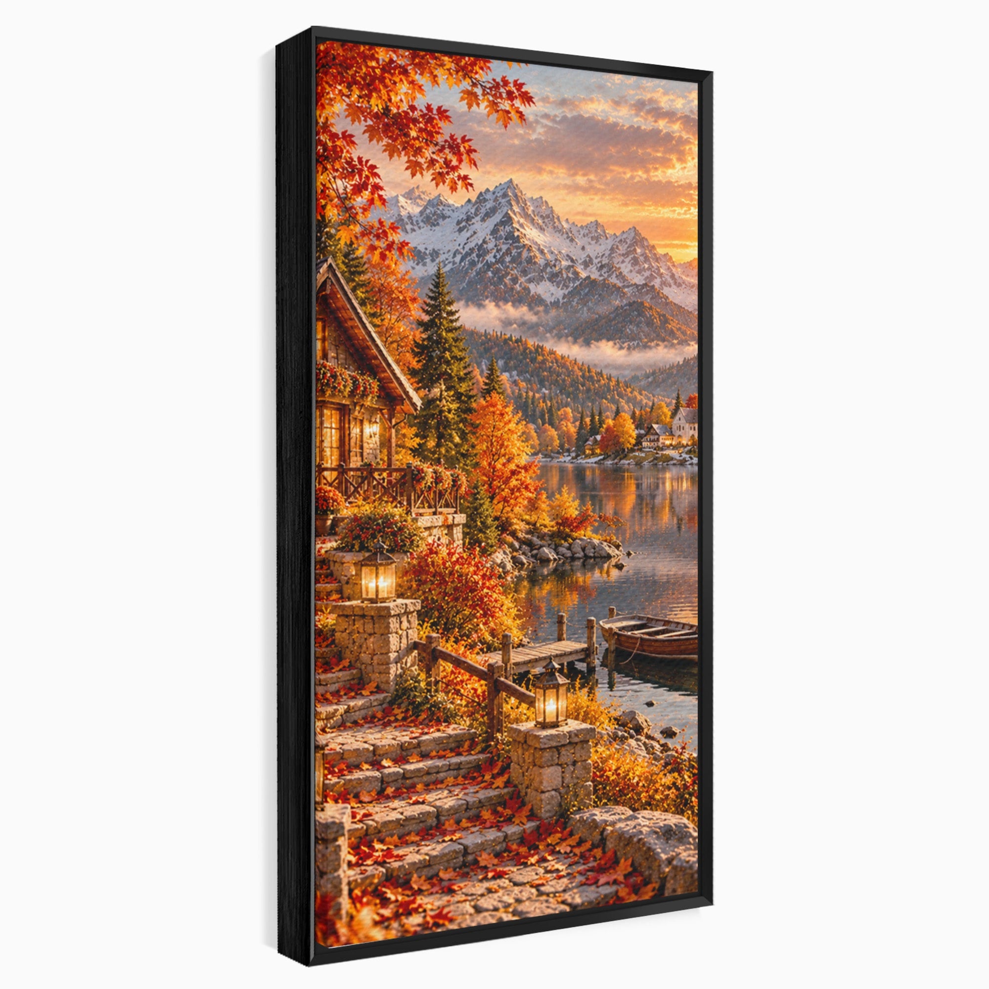 Tablou Canvas Premium LuxCanva® PI1410, Toamna Fermecata, Cabana, Paradis, Peisaj, Montan, Lac, Apus, Culori Vibrante, Living, Dormitor