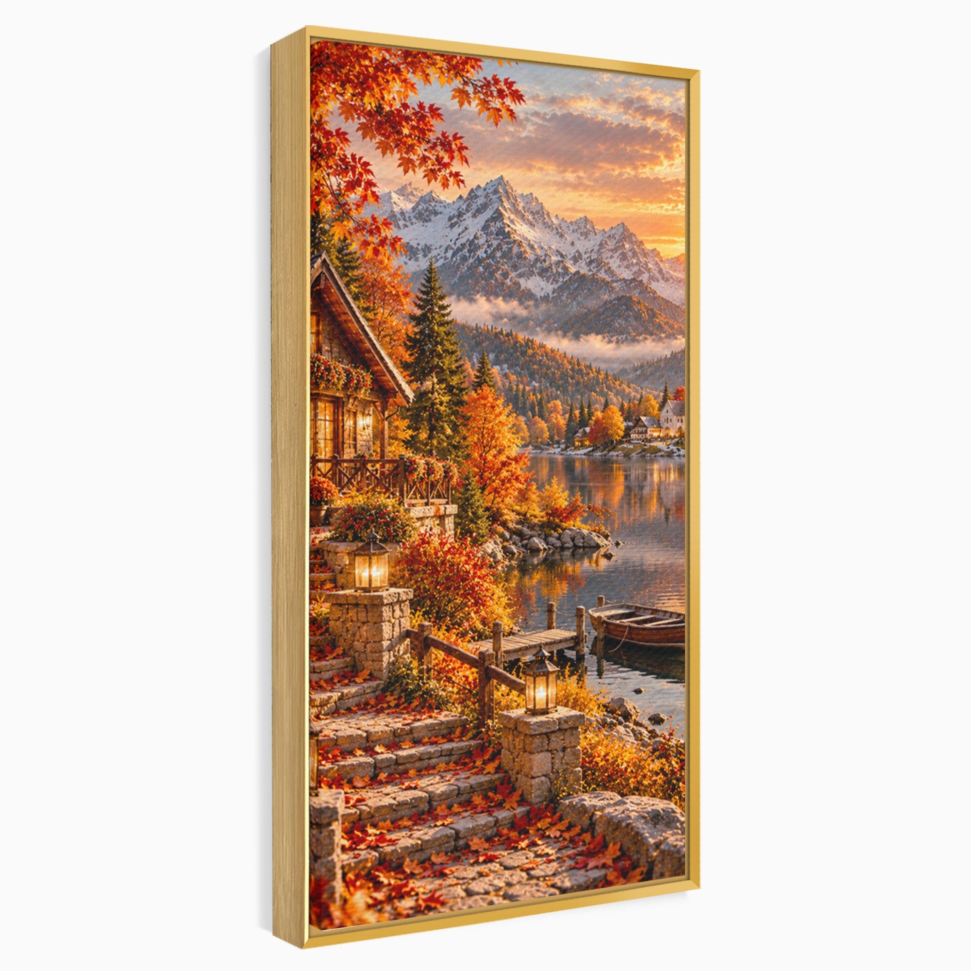 Tablou Canvas Premium LuxCanva® PI1410, Toamna Fermecata, Cabana, Paradis, Peisaj, Montan, Lac, Apus, Culori Vibrante, Living, Dormitor