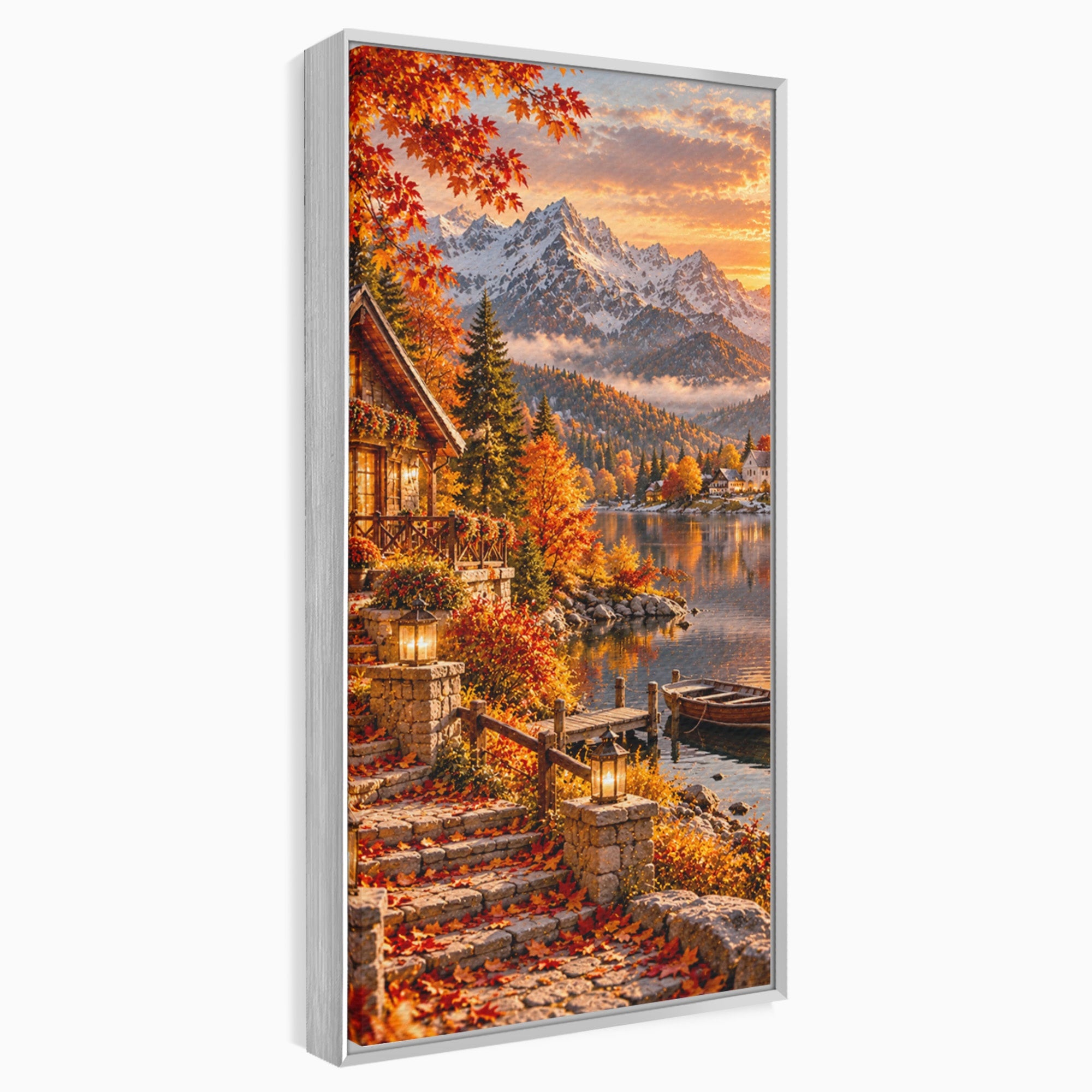 Tablou Canvas Premium LuxCanva® PI1410, Toamna Fermecata, Cabana, Paradis, Peisaj, Montan, Lac, Apus, Culori Vibrante, Living, Dormitor