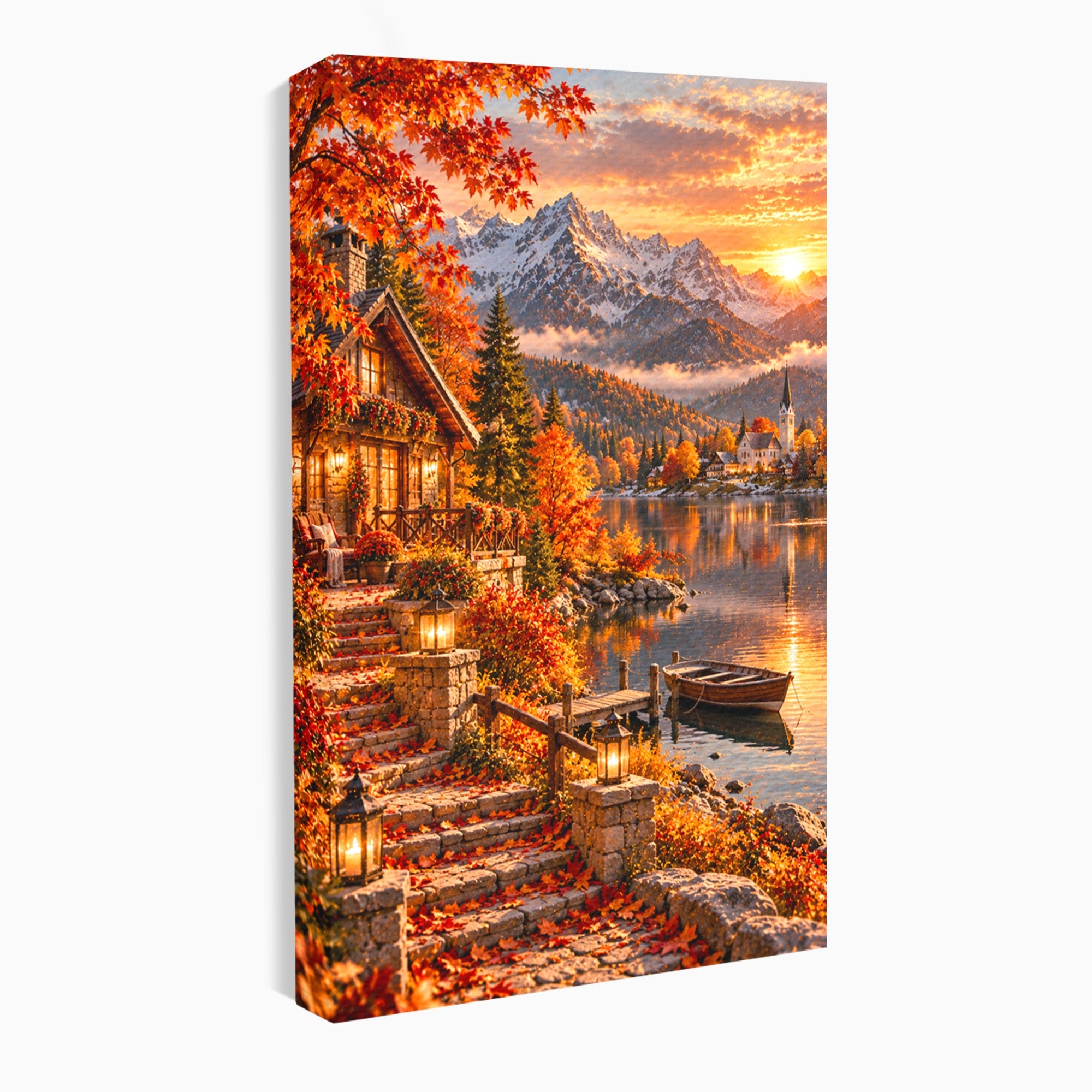 Tablou Canvas Premium LuxCanva® PI1410, Toamna Fermecata, Cabana, Paradis, Peisaj, Montan, Lac, Apus, Culori Vibrante, Living, Dormitor