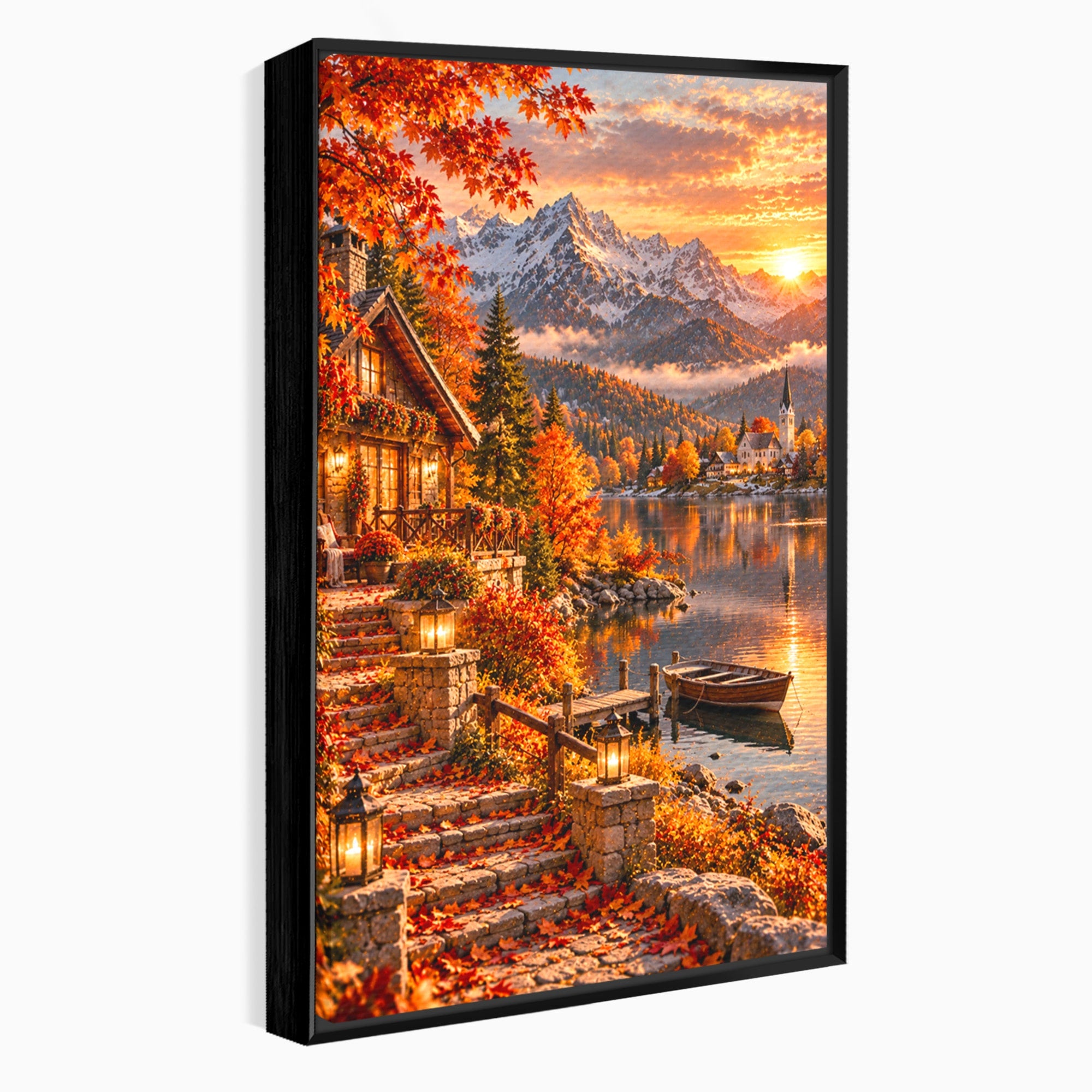 Tablou Canvas Premium LuxCanva® PI1410, Toamna Fermecata, Cabana, Paradis, Peisaj, Montan, Lac, Apus, Culori Vibrante, Living, Dormitor