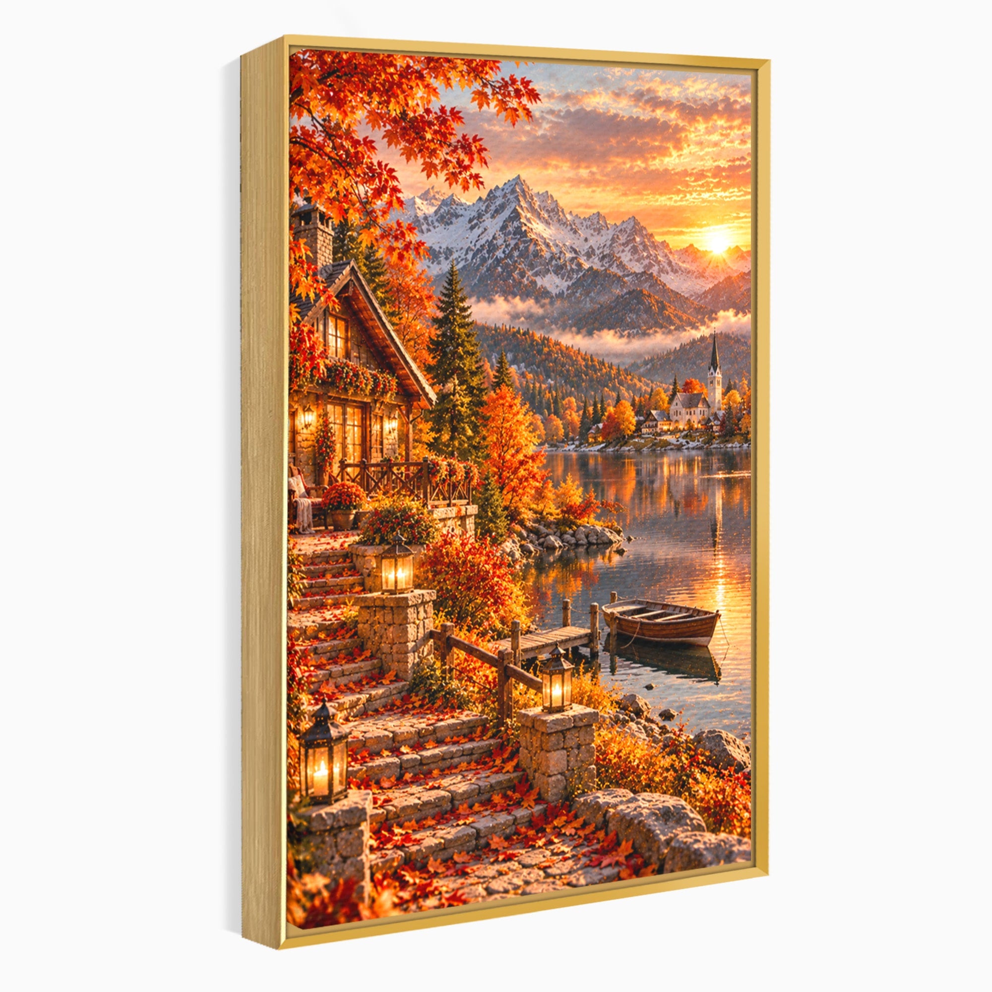 Tablou Canvas Premium LuxCanva® PI1410, Toamna Fermecata, Cabana, Paradis, Peisaj, Montan, Lac, Apus, Culori Vibrante, Living, Dormitor