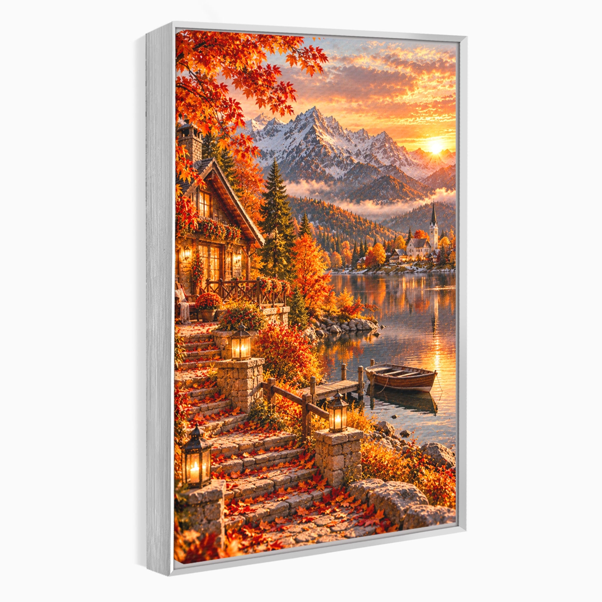 Tablou Canvas Premium LuxCanva® PI1410, Toamna Fermecata, Cabana, Paradis, Peisaj, Montan, Lac, Apus, Culori Vibrante, Living, Dormitor