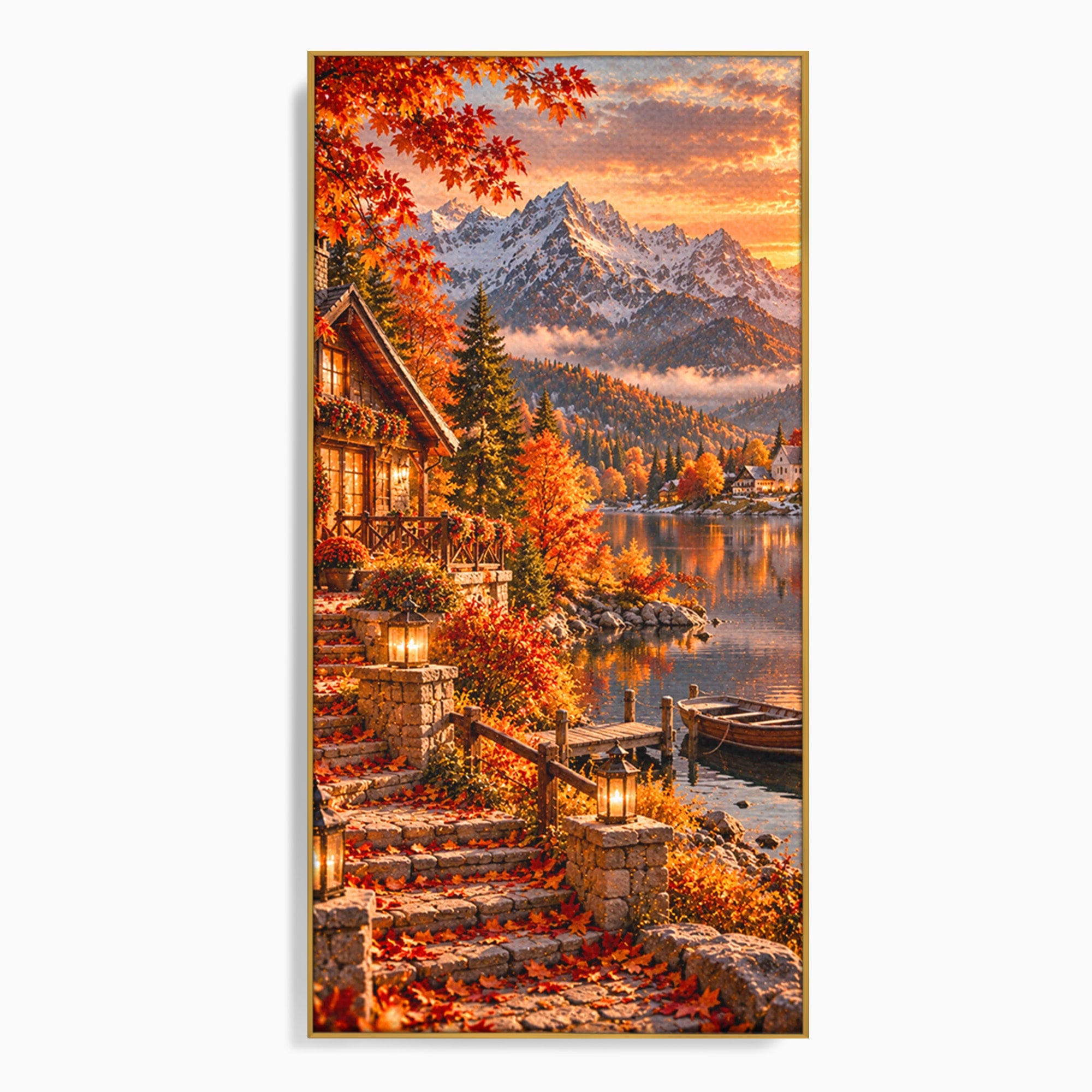 Tablou Canvas Premium LuxCanva® PI1410, Toamna Fermecata, Cabana, Paradis, Peisaj, Montan, Lac, Apus, Culori Vibrante, Living, Dormitor