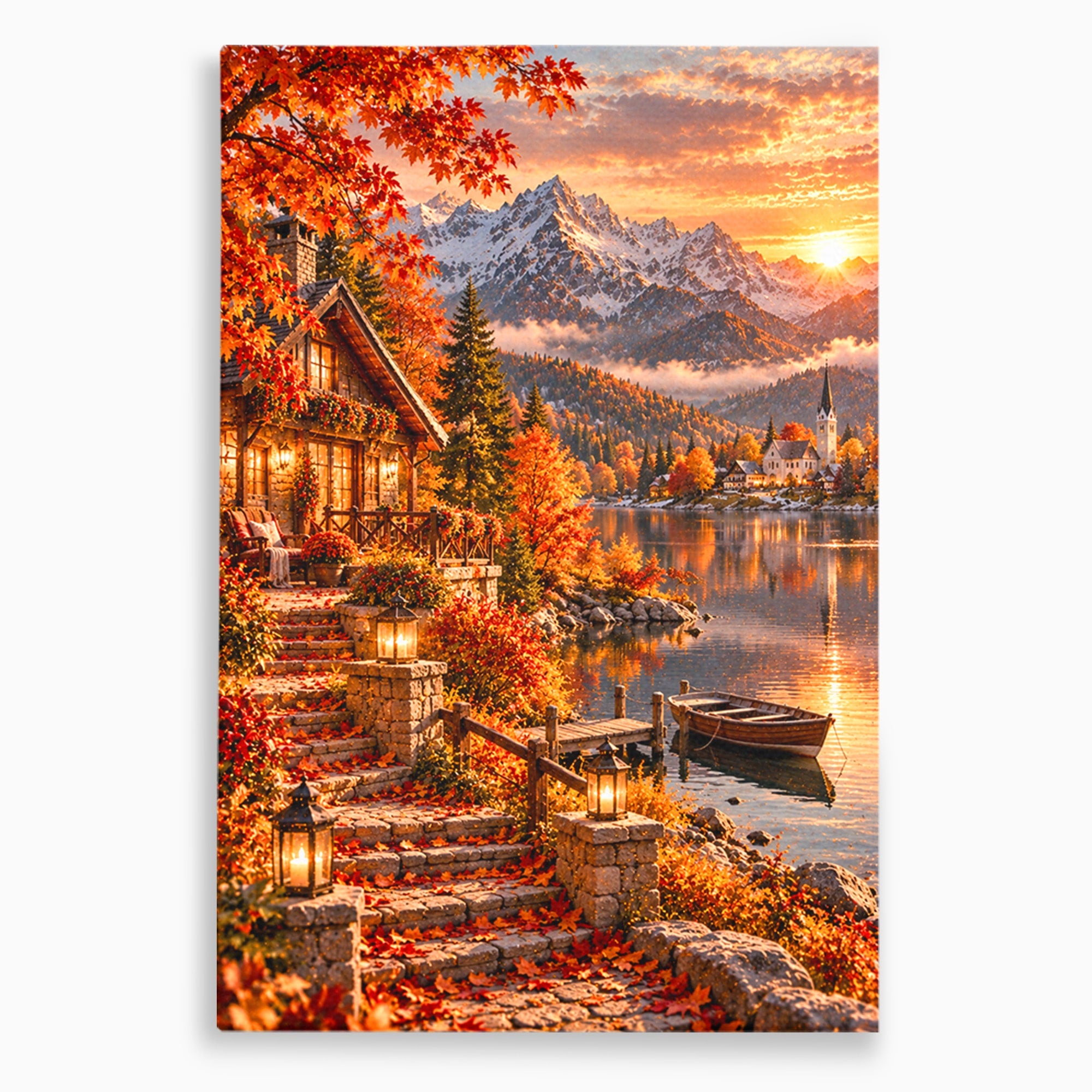 Tablou Canvas Premium LuxCanva® PI1410, Toamna Fermecata, Cabana, Paradis, Peisaj, Montan, Lac, Apus, Culori Vibrante, Living, Dormitor