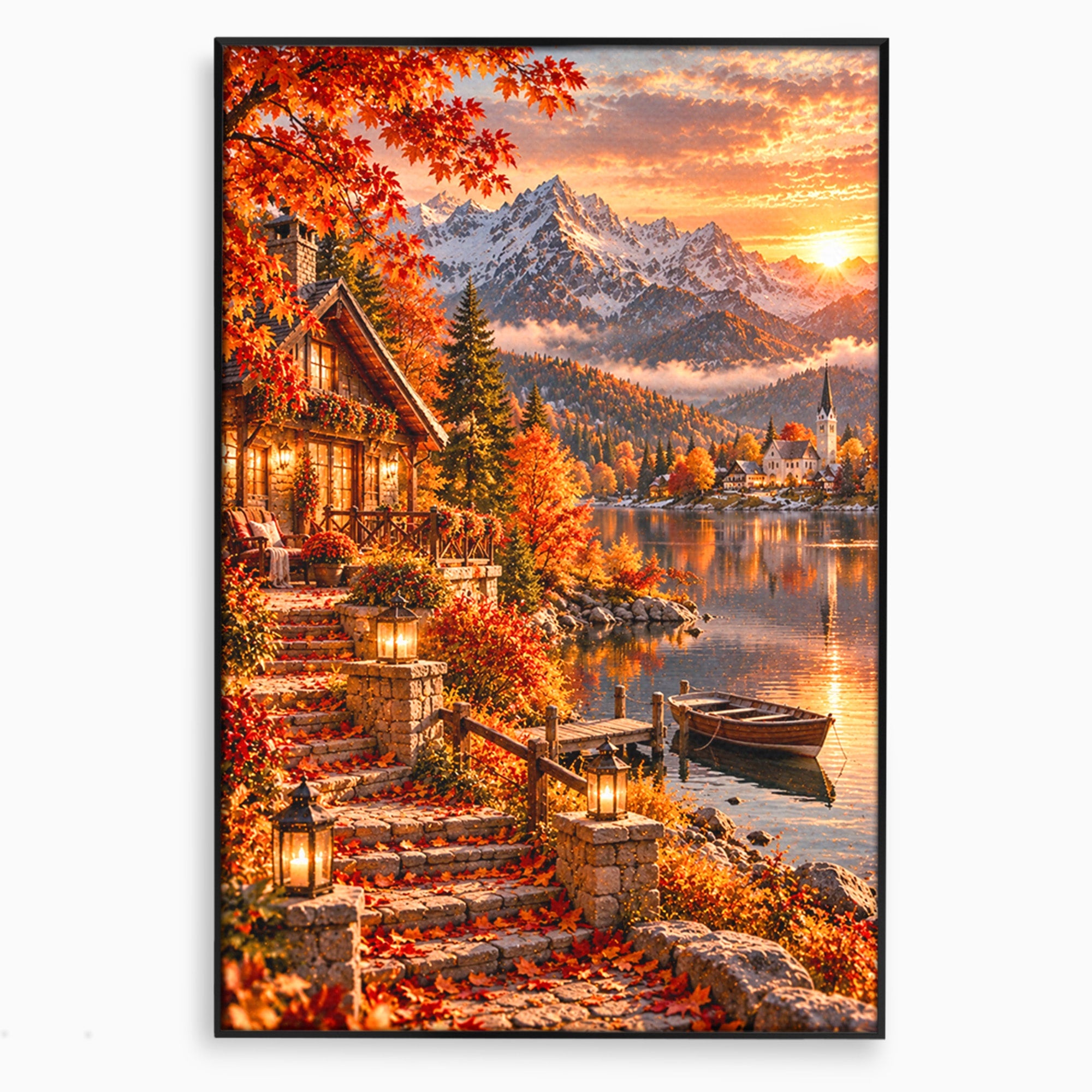 Tablou Canvas Premium LuxCanva® PI1410, Toamna Fermecata, Cabana, Paradis, Peisaj, Montan, Lac, Apus, Culori Vibrante, Living, Dormitor