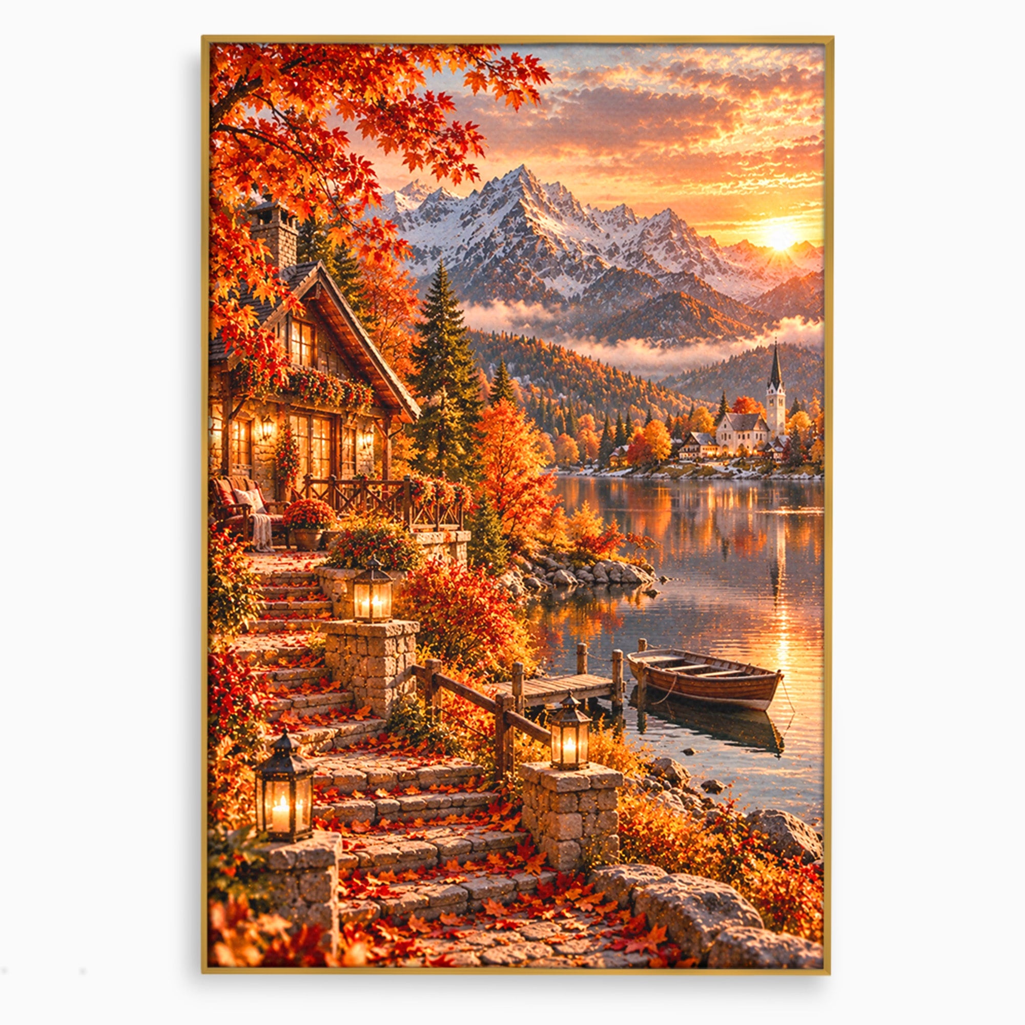 Tablou Canvas Premium LuxCanva® PI1410, Toamna Fermecata, Cabana, Paradis, Peisaj, Montan, Lac, Apus, Culori Vibrante, Living, Dormitor