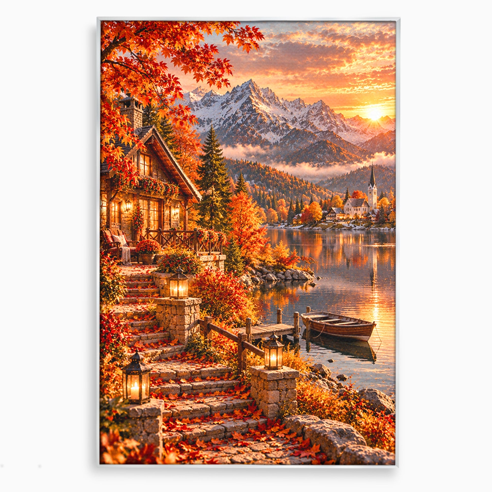 Tablou Canvas Premium LuxCanva® PI1410, Toamna Fermecata, Cabana, Paradis, Peisaj, Montan, Lac, Apus, Culori Vibrante, Living, Dormitor