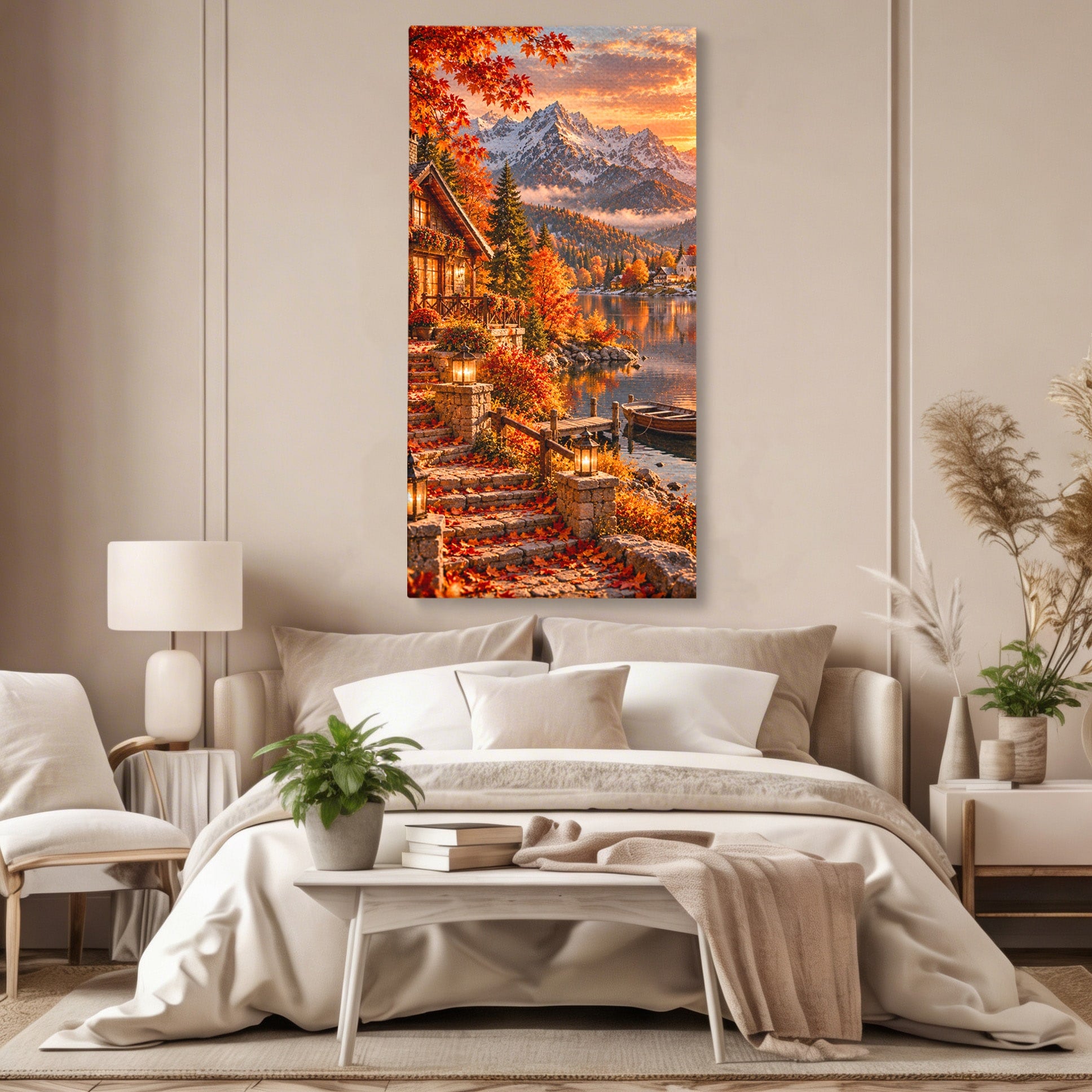 Tablou Canvas Premium LuxCanva® PI1410, Toamna Fermecata, Cabana, Paradis, Peisaj, Montan, Lac, Apus, Culori Vibrante, Living, Dormitor