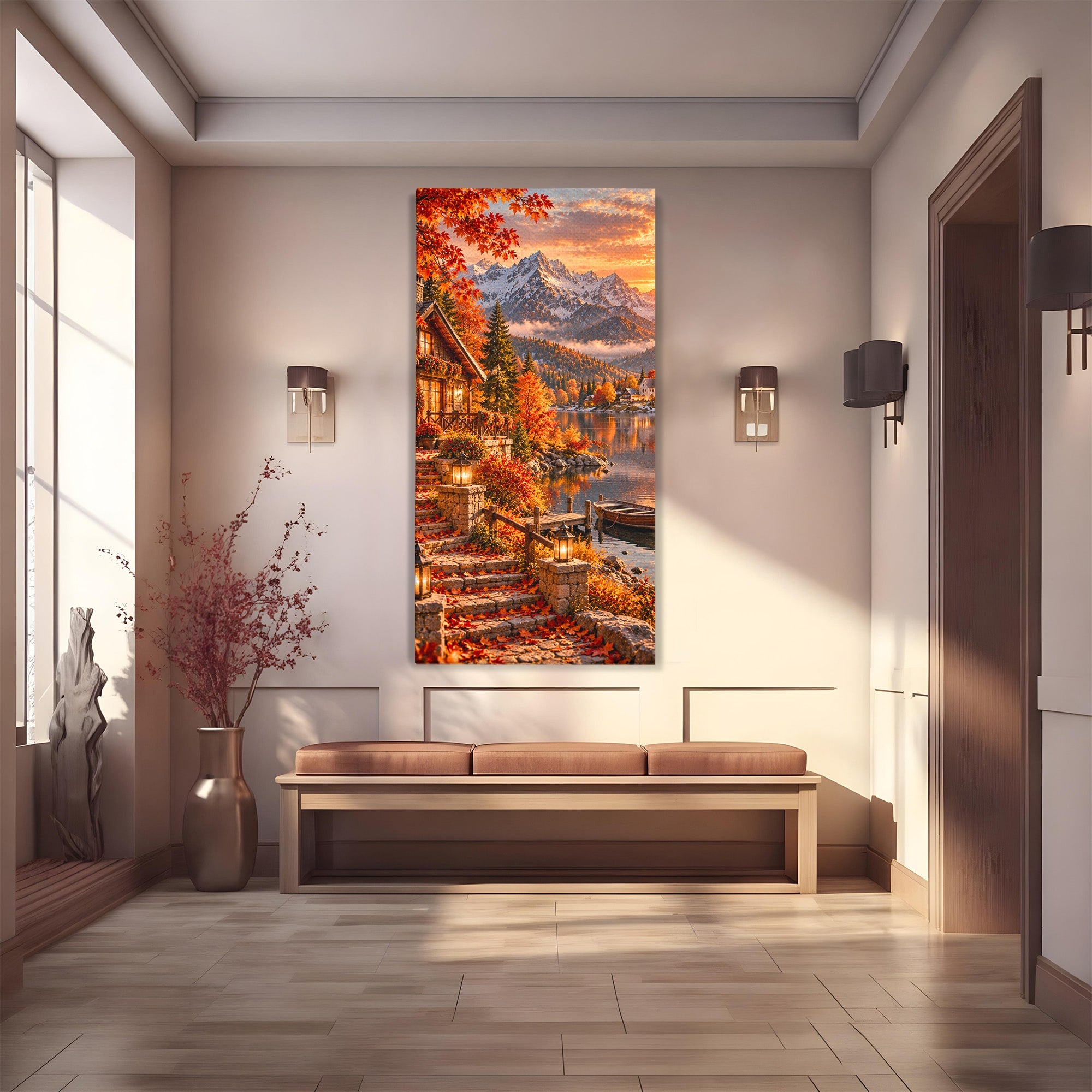 Tablou Canvas Premium LuxCanva® PI1410, Toamna Fermecata, Cabana, Paradis, Peisaj, Montan, Lac, Apus, Culori Vibrante, Living, Dormitor